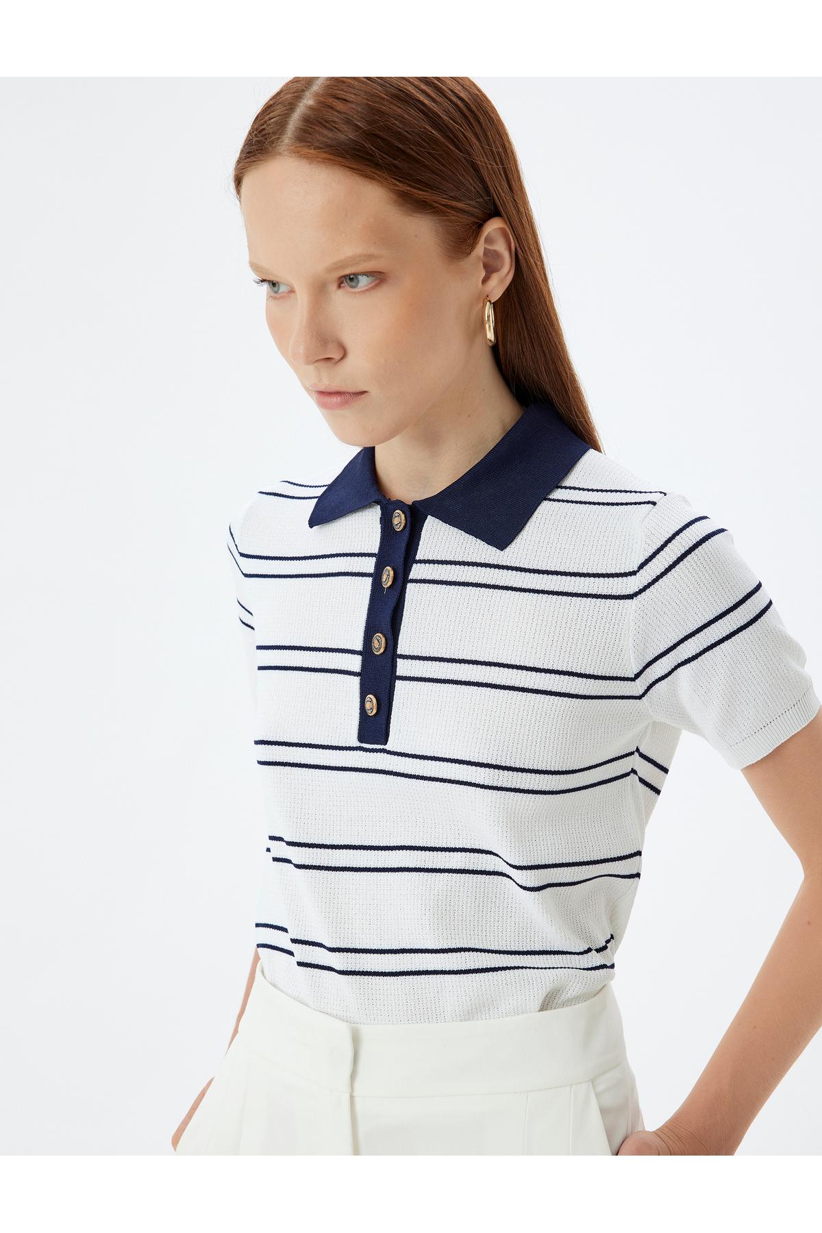 ژاکت بافتنی یقه پولو ژاکت آستین کوتاه دکمه طلایی