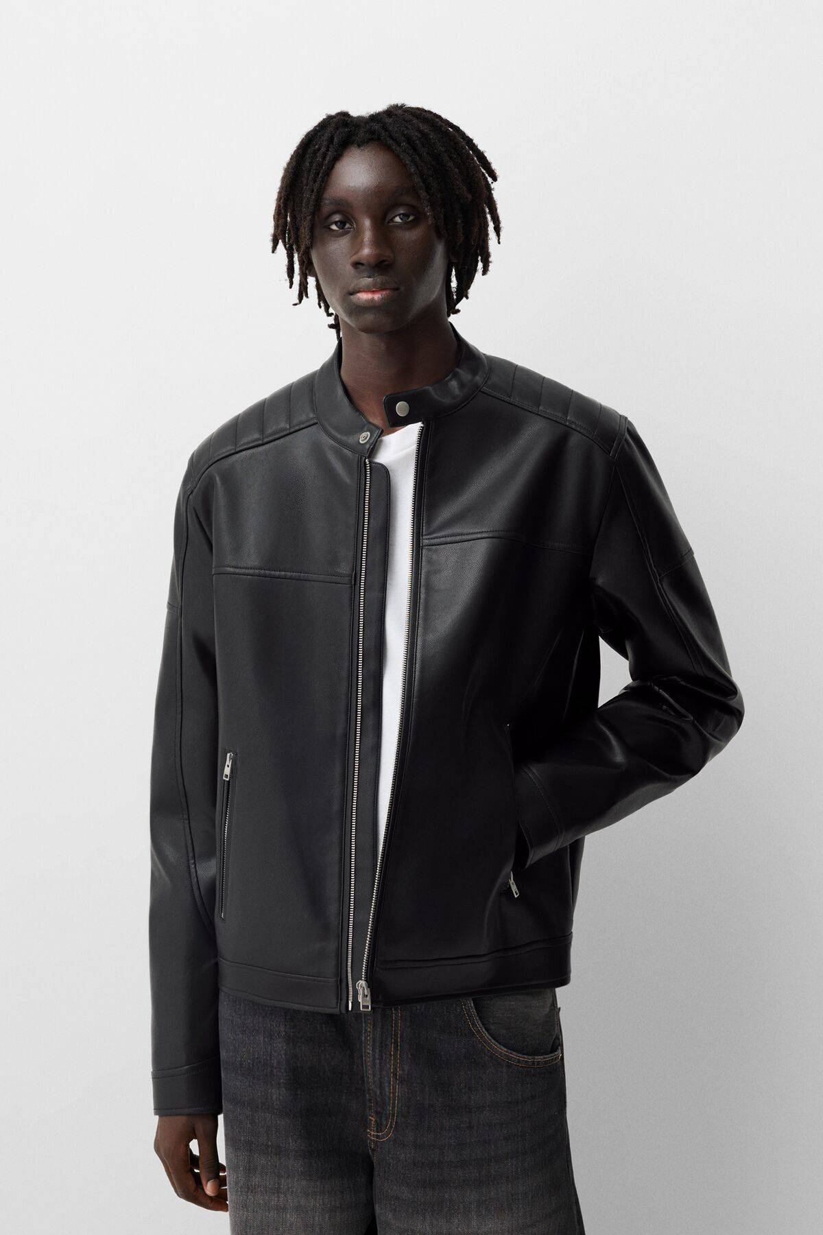 ژاکت دوچرخه سواری چرم مصنوعی زیپ دار