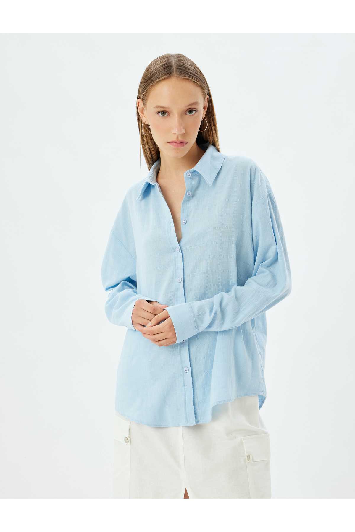 پیراهن سایز بزرگ آستین بلند یقه کلاسیک با دکمه