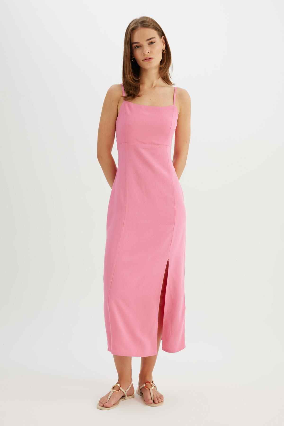 لباس میدی بند بند کتانی یقه مربعی