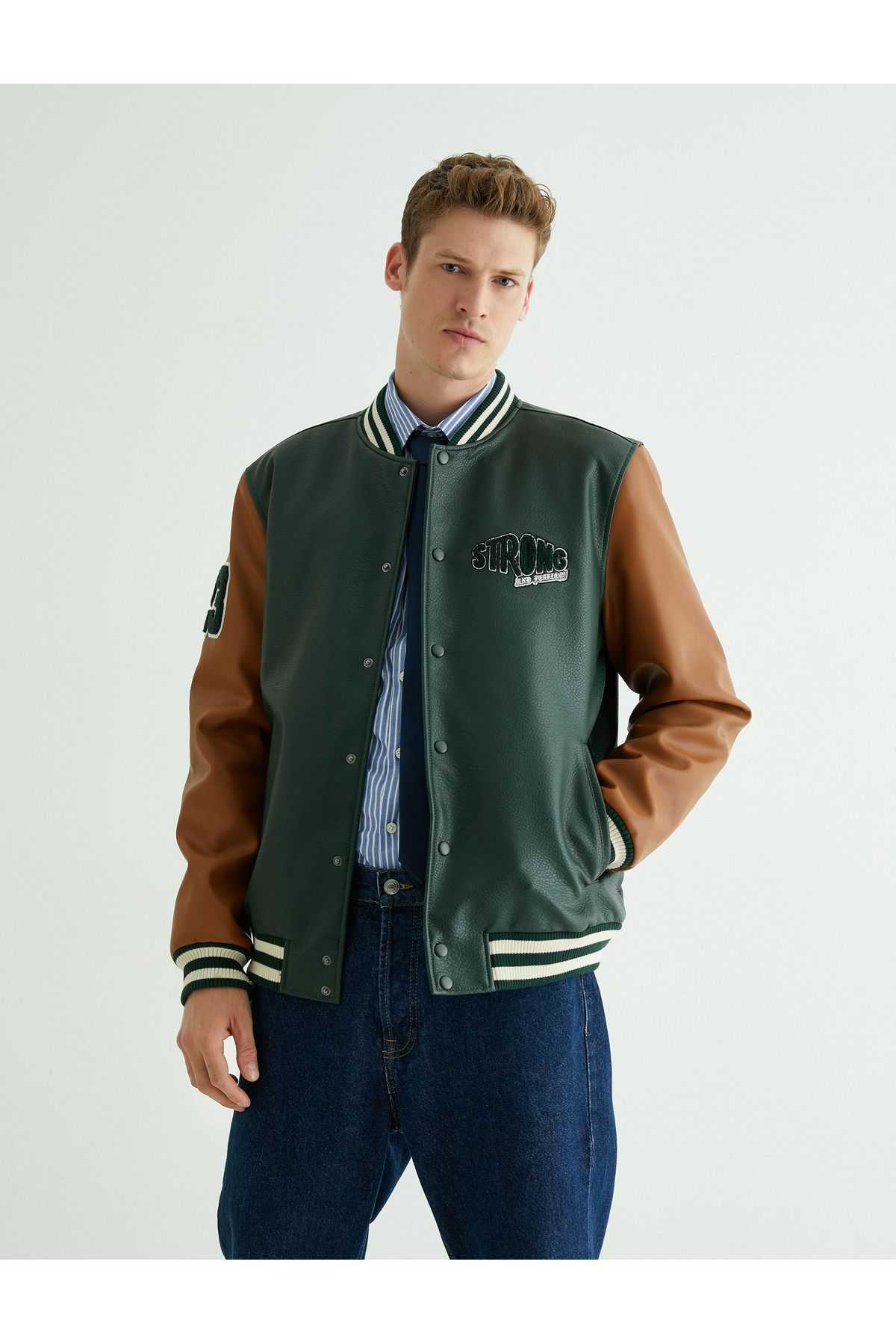 کالج کالج چرم نگاه بمب افکن یقه دوزی دکمه ضربه محکم و ناگهانی جیب