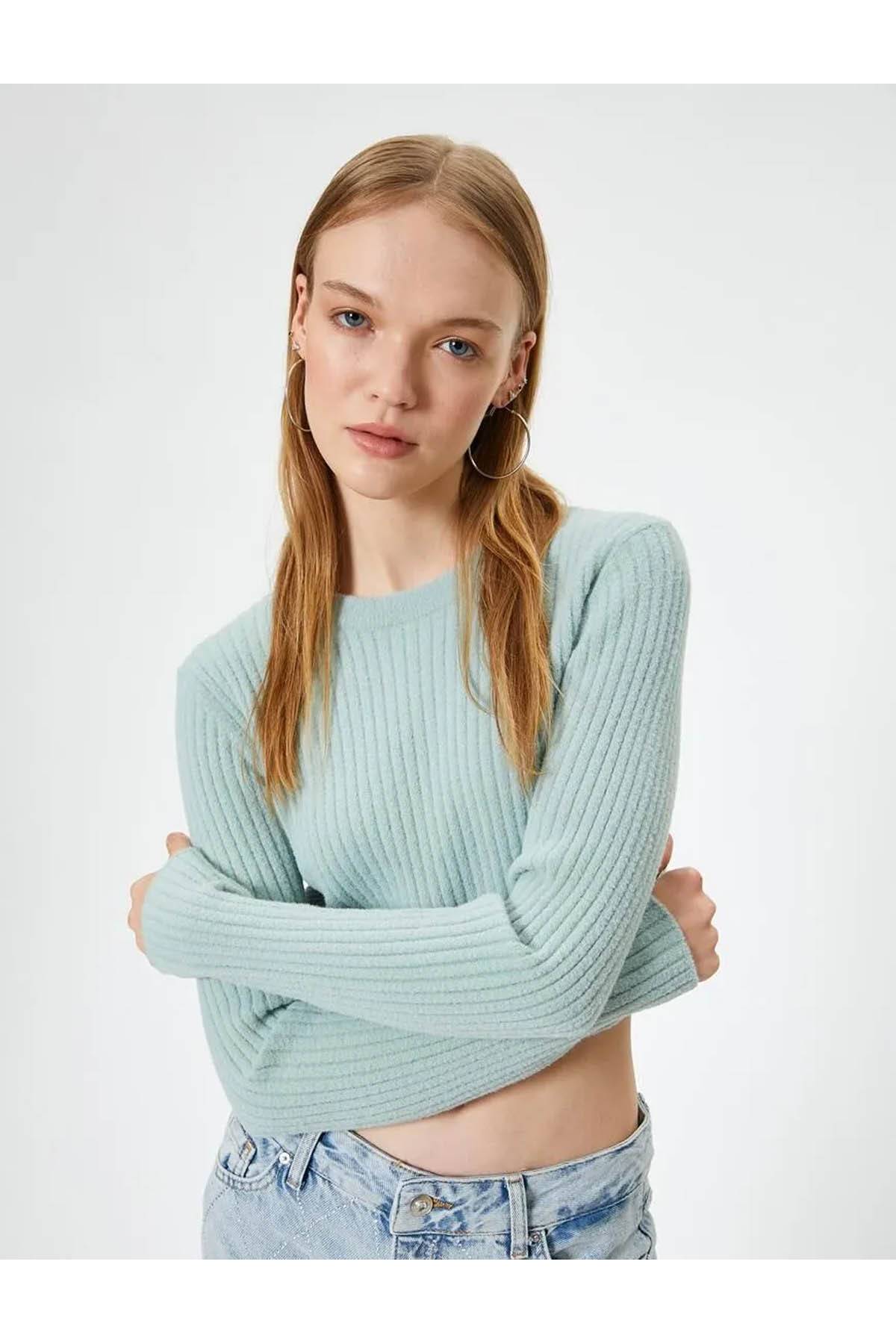 ژاکت بافتنی Crop یقه باریک آستین بلند