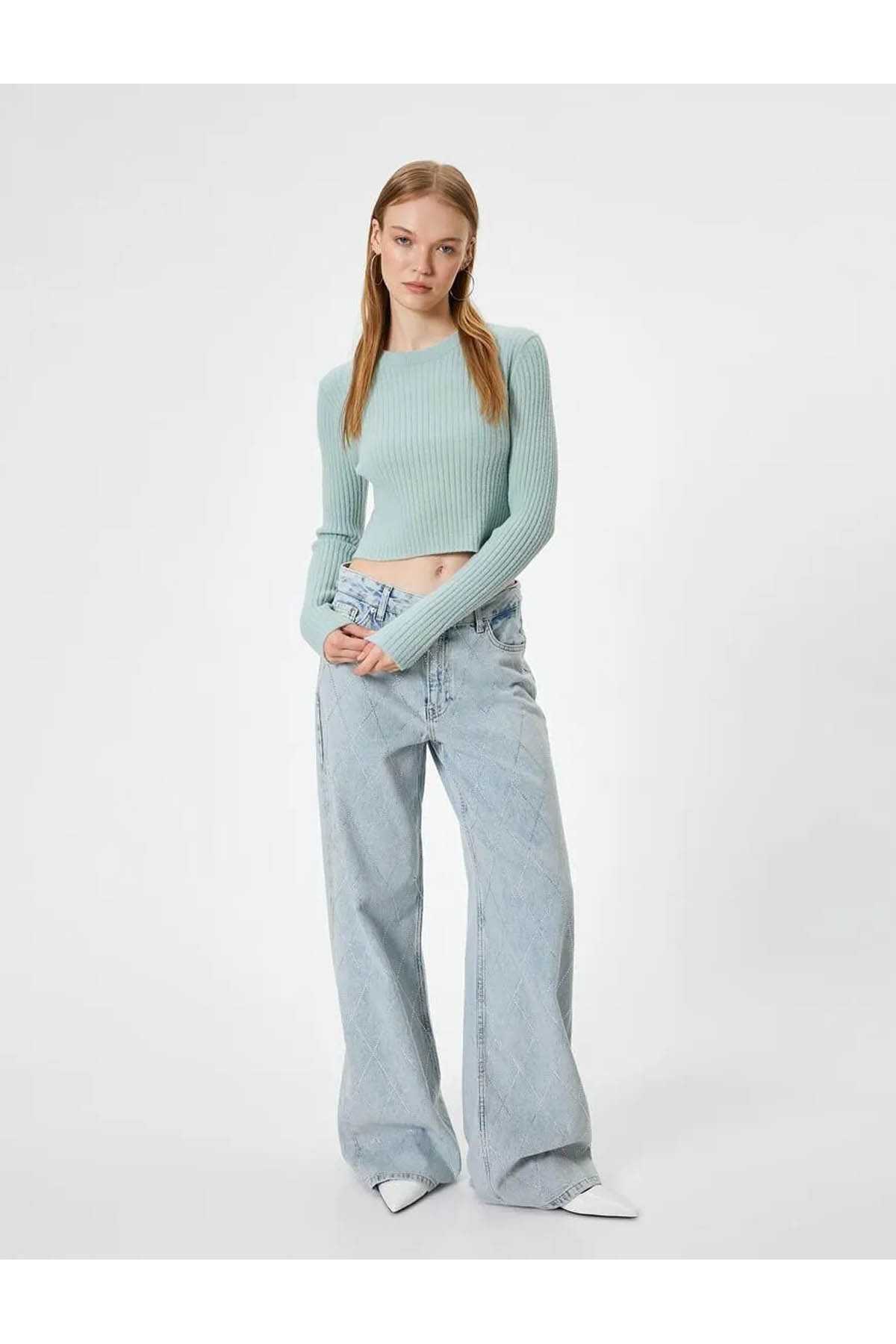 ژاکت بافتنی Crop یقه باریک آستین بلند