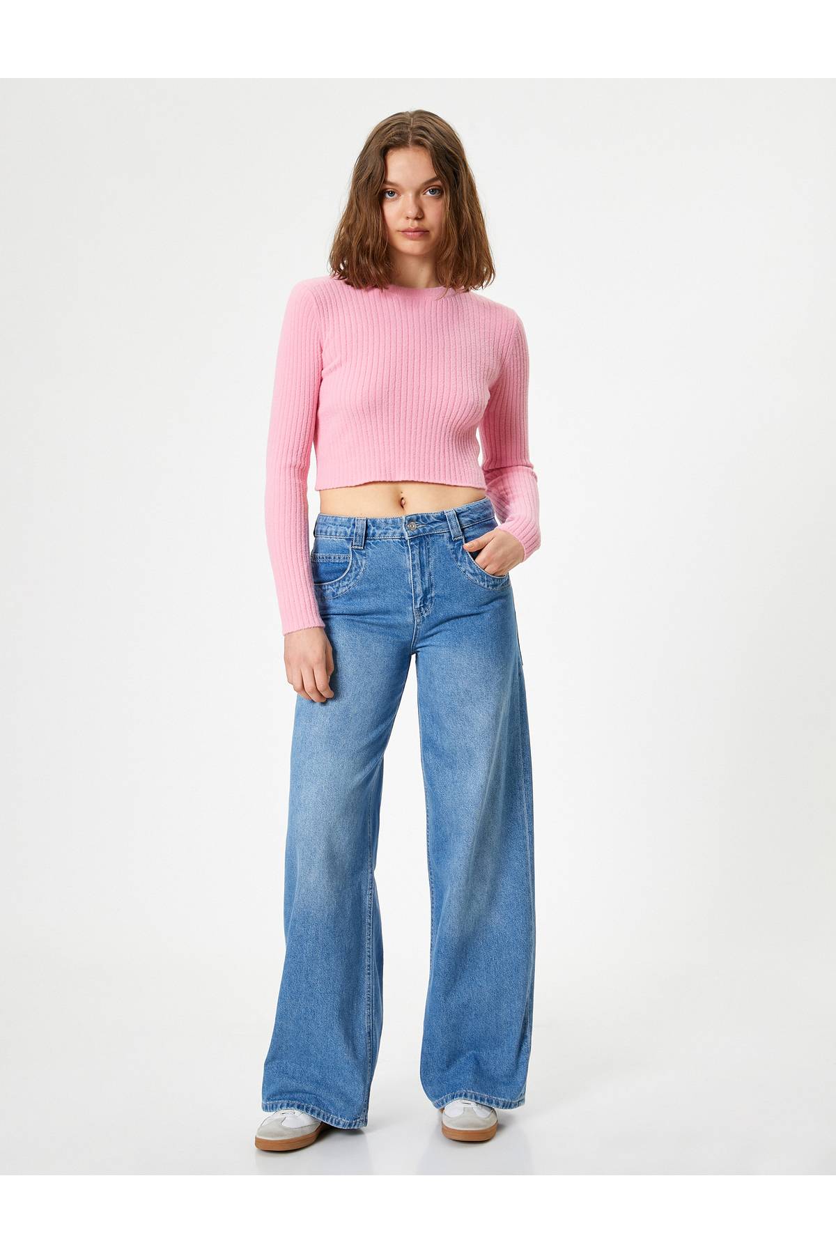 ژاکت بافتنی Crop یقه باریک آستین بلند