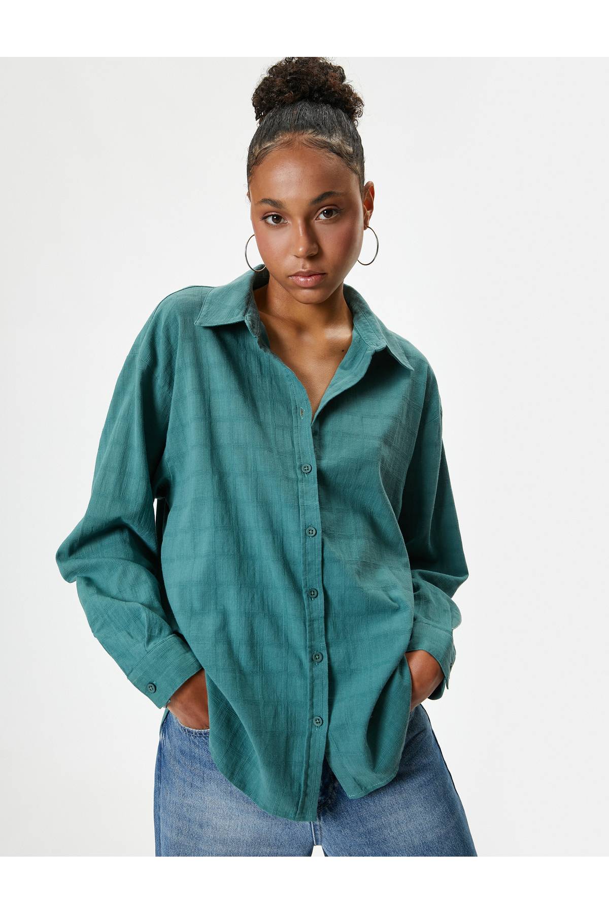 پیراهن سایز بزرگ آستین بلند یقه کلاسیک با دکمه