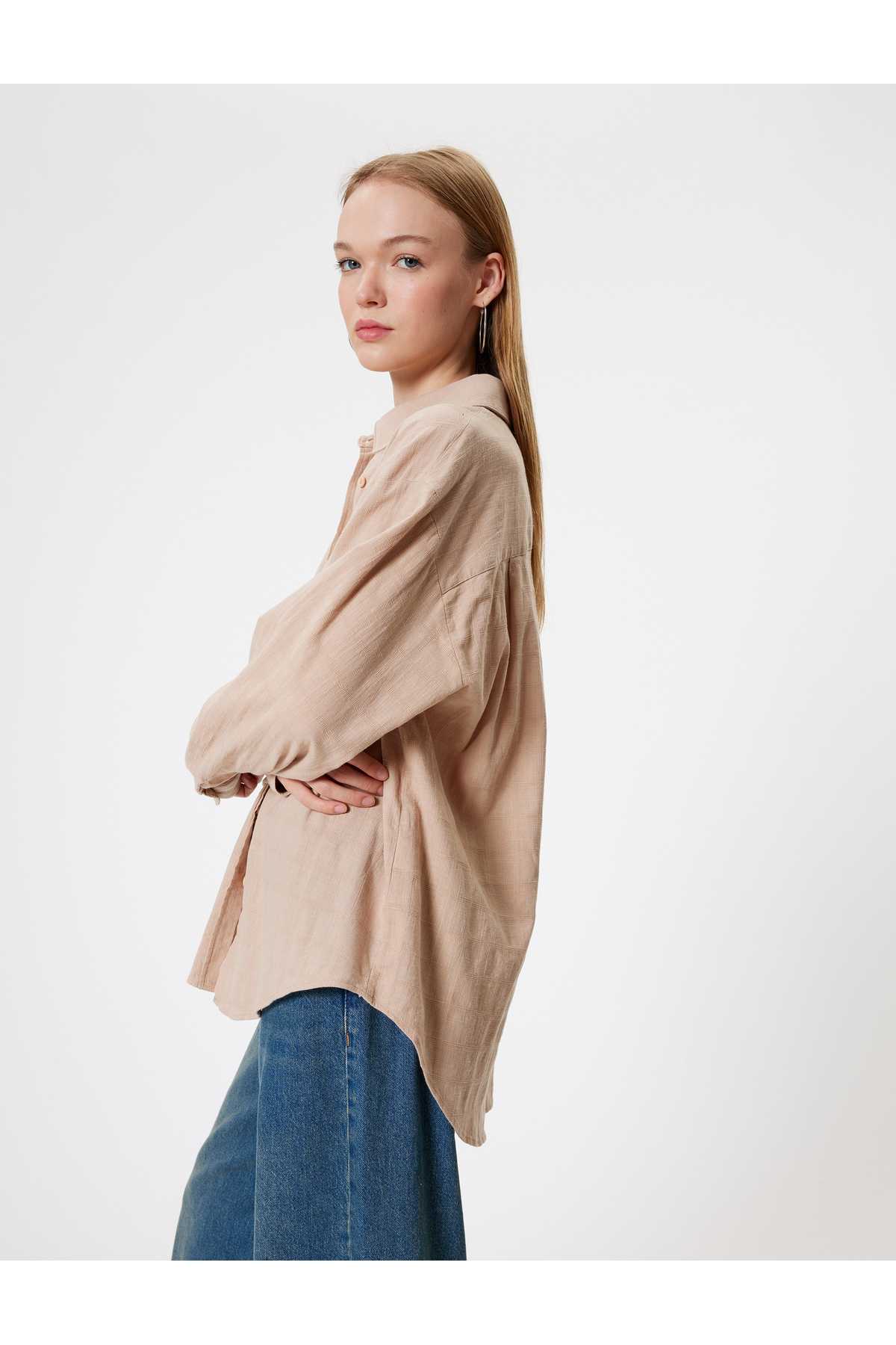 پیراهن سایز بزرگ آستین بلند یقه کلاسیک با دکمه