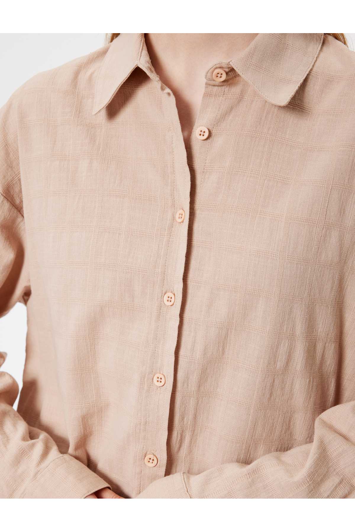 پیراهن سایز بزرگ آستین بلند یقه کلاسیک با دکمه