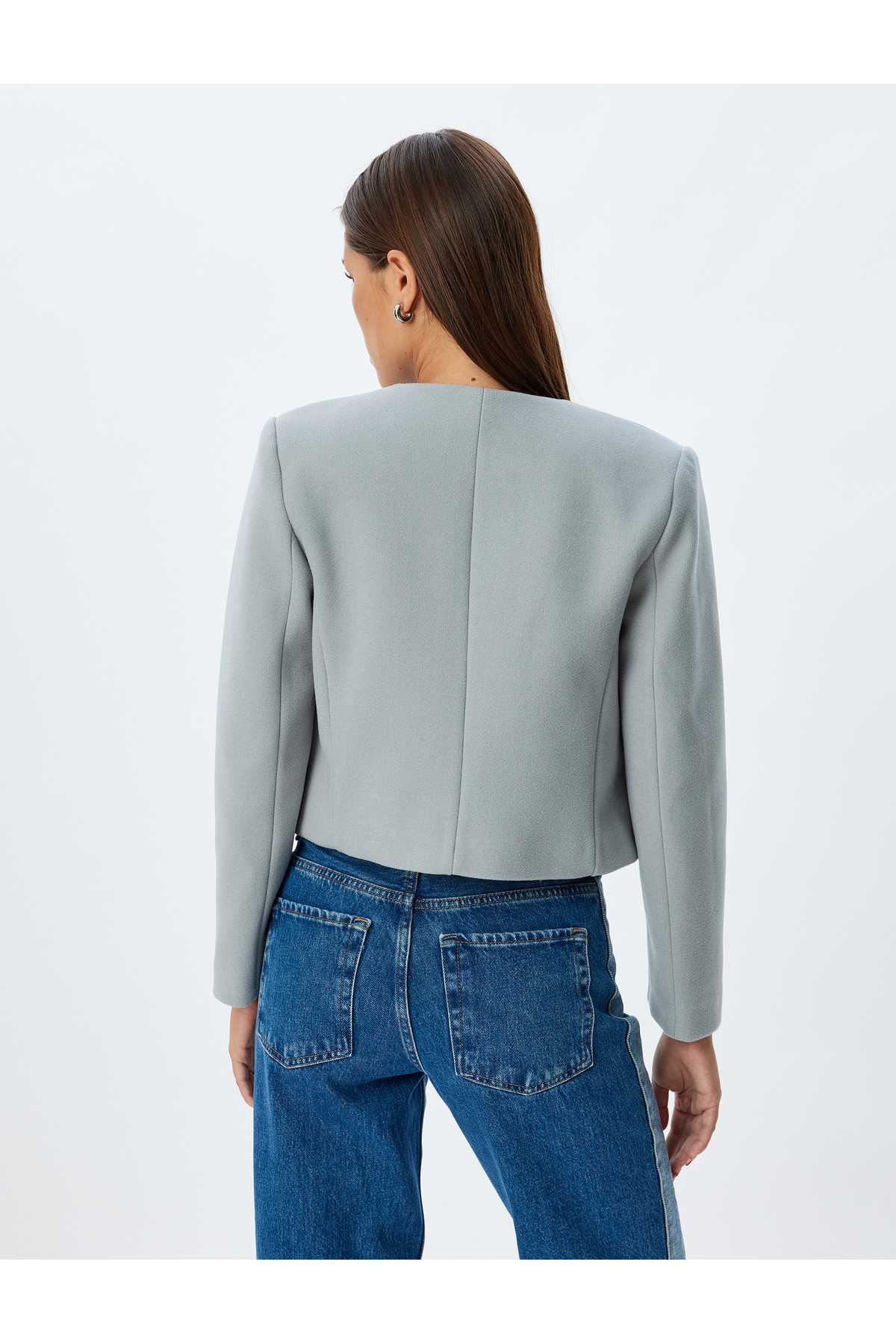 ژاکت کراپ بدون یقه دکمه دار آستین بلند