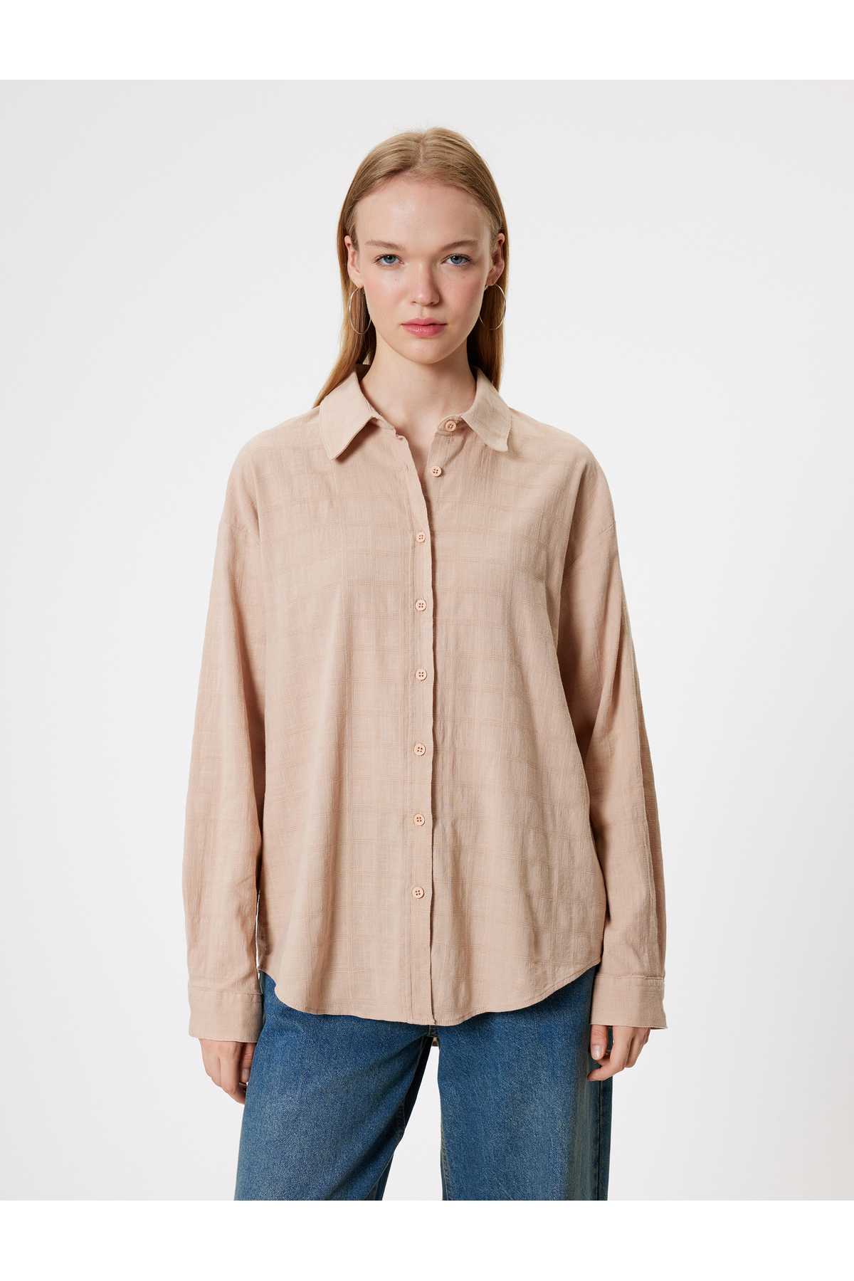 پیراهن سایز بزرگ آستین بلند یقه کلاسیک با دکمه