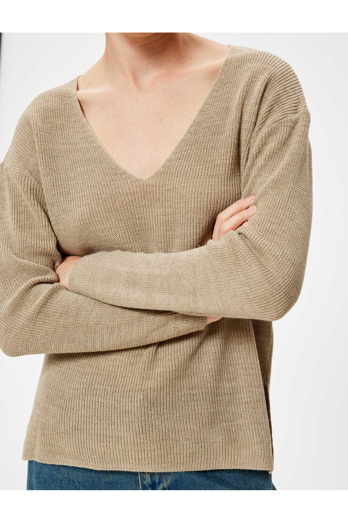 ژاکت بافتنی یقه V قد آستین بلند آجدار