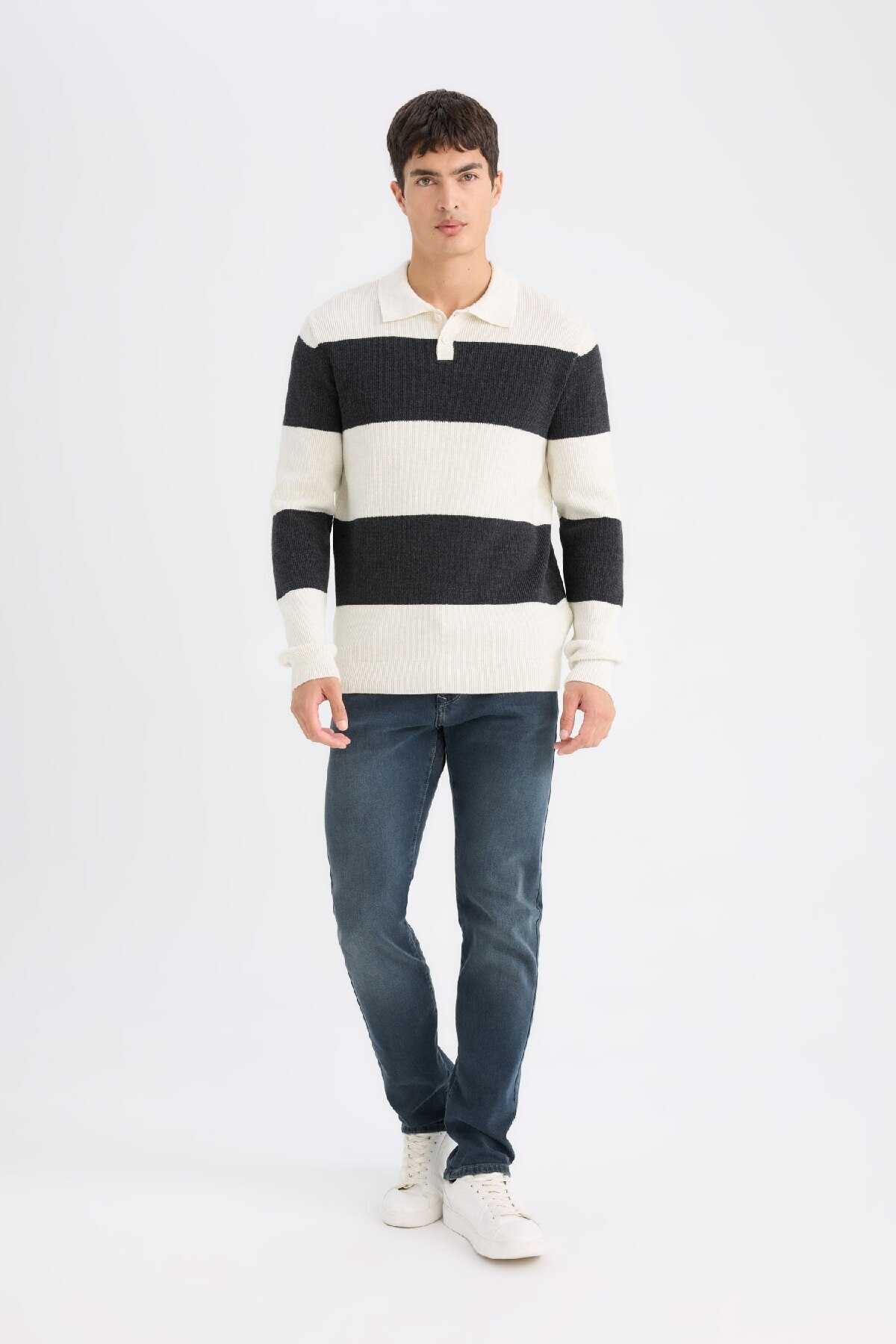 پلیور بافتنی راه راه یقه پولو با تناسب استاندارد