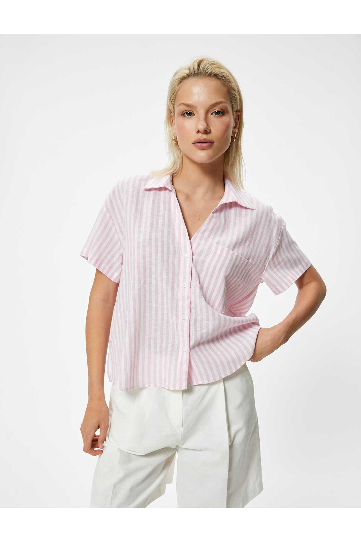 پیراهن کتانی آستین کوتاه تک جیب با جزئیات