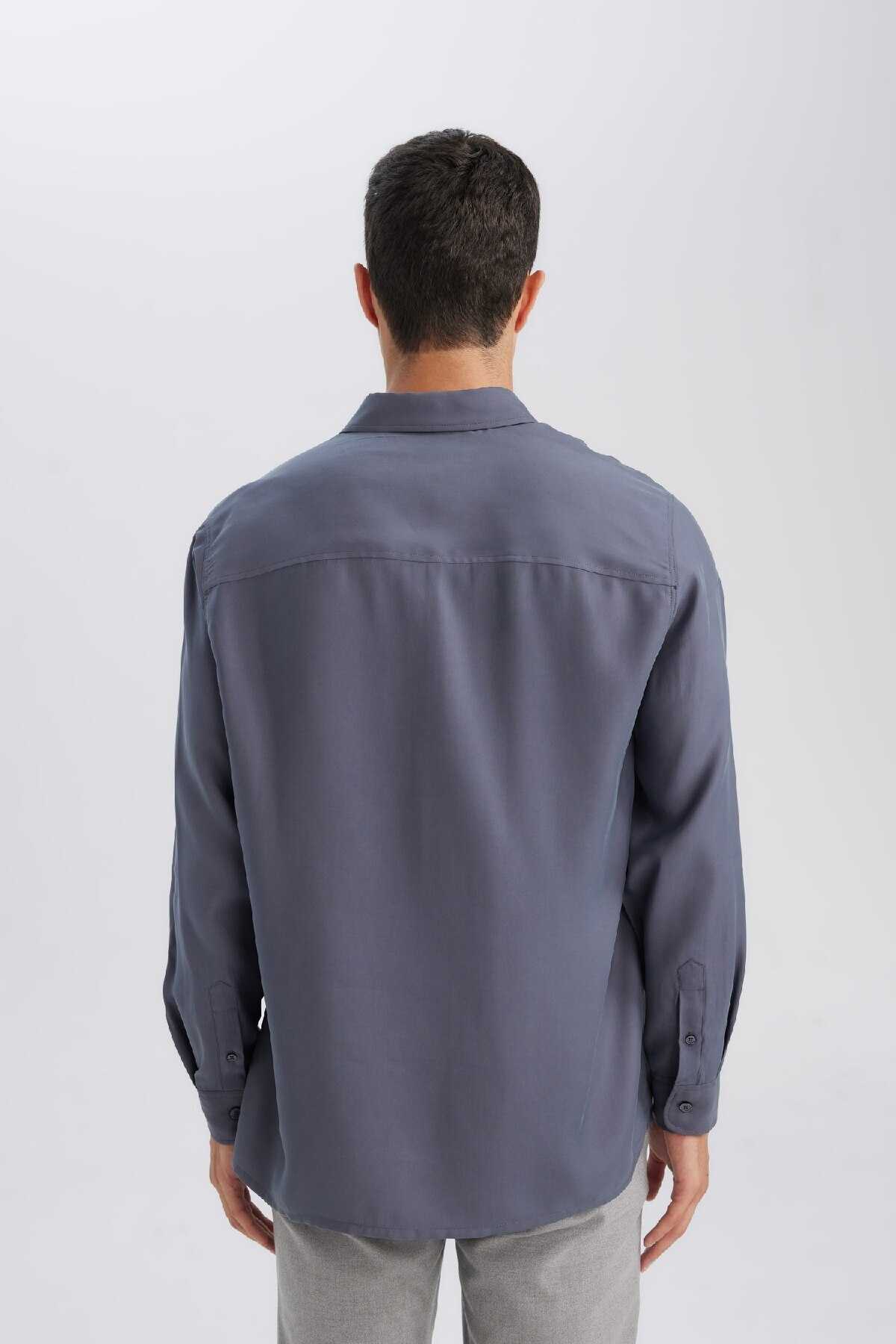 پیراهن آستین بلند ساده با یقه پولو ریلکس فیت ترکیبی مدال