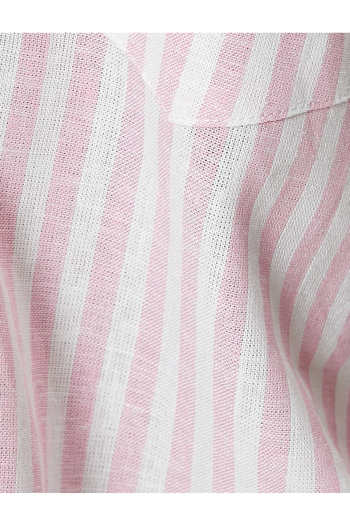 پیراهن کتانی آستین کوتاه تک جیب با جزئیات