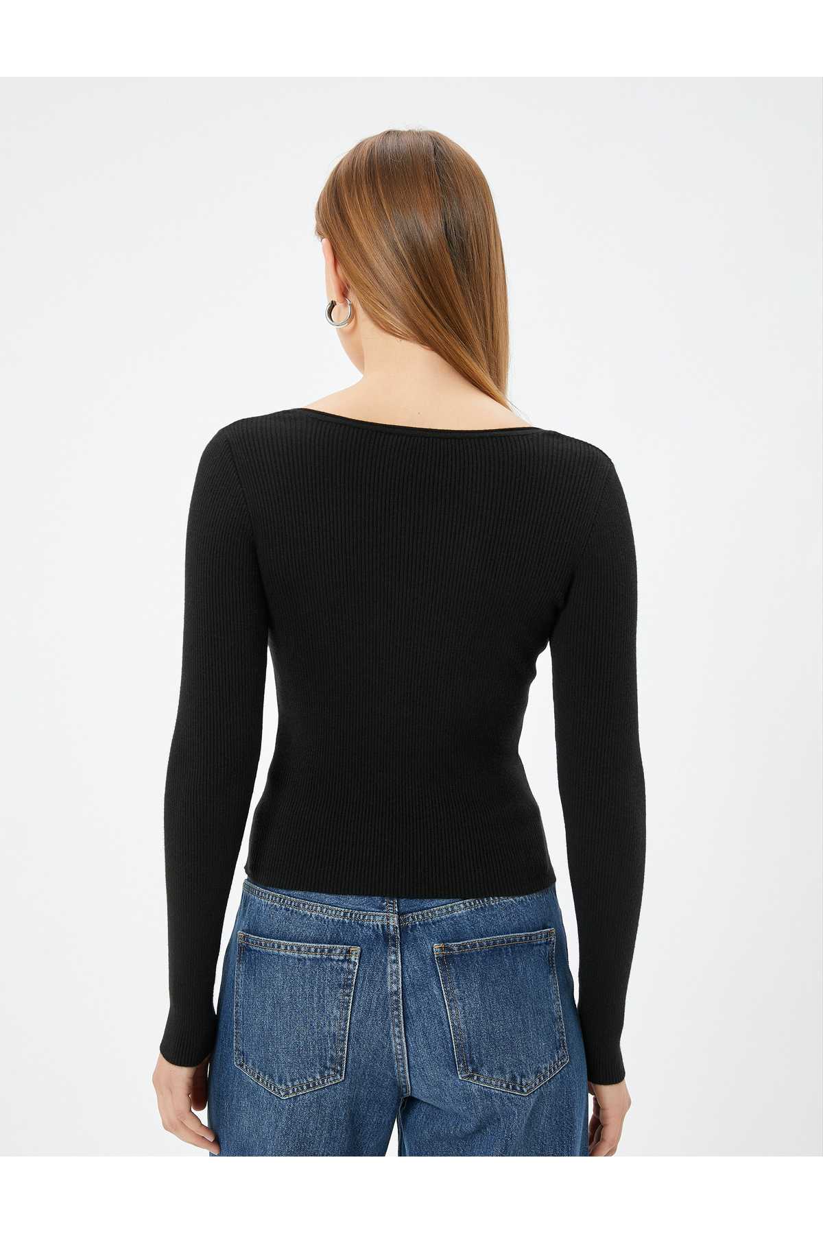 ژاکت بافتنی یقه مربعی آستین بلند