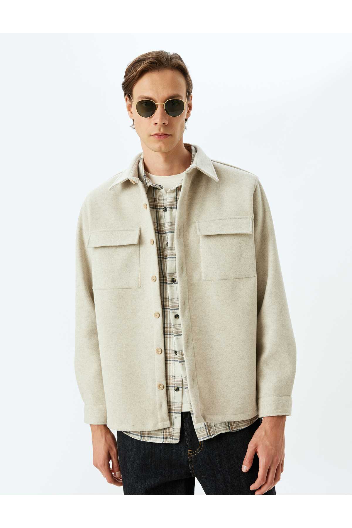 آستین بلند ویسکوز ترکیبی جیب کت پیراهن مفصل