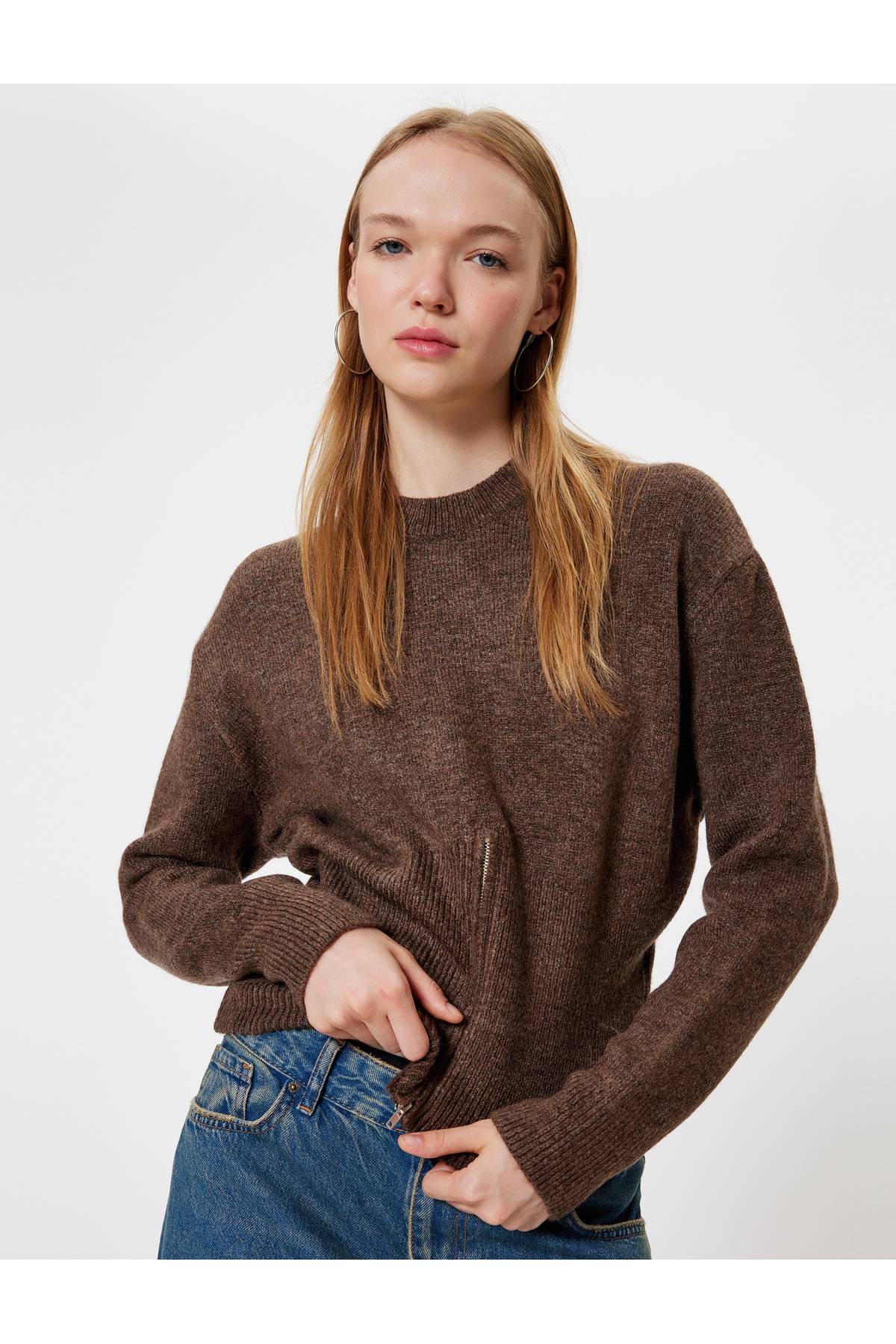 زیپ پلیور یقه خدمه آستین بلند با بافت نرم