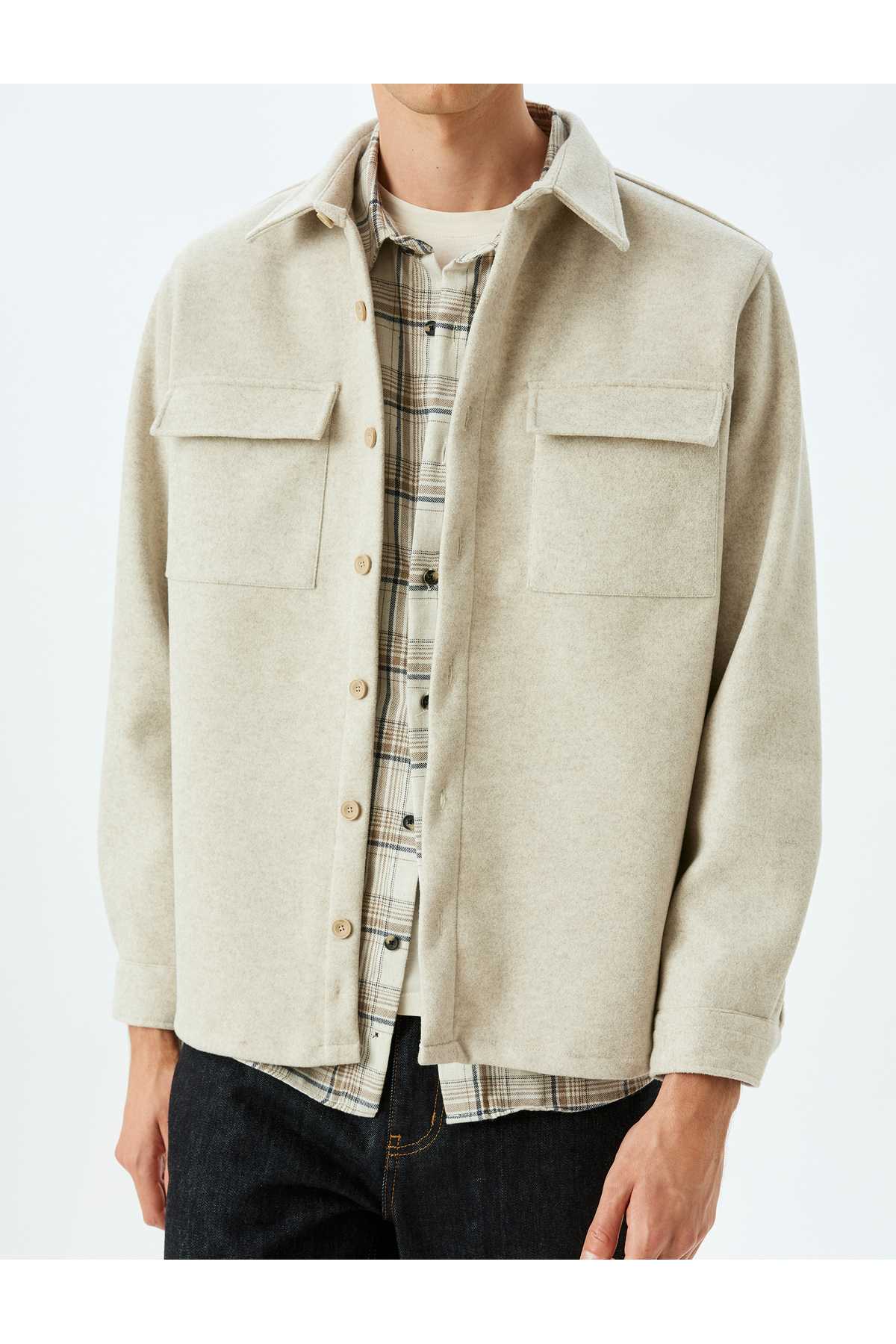 آستین بلند ویسکوز ترکیبی جیب کت پیراهن مفصل