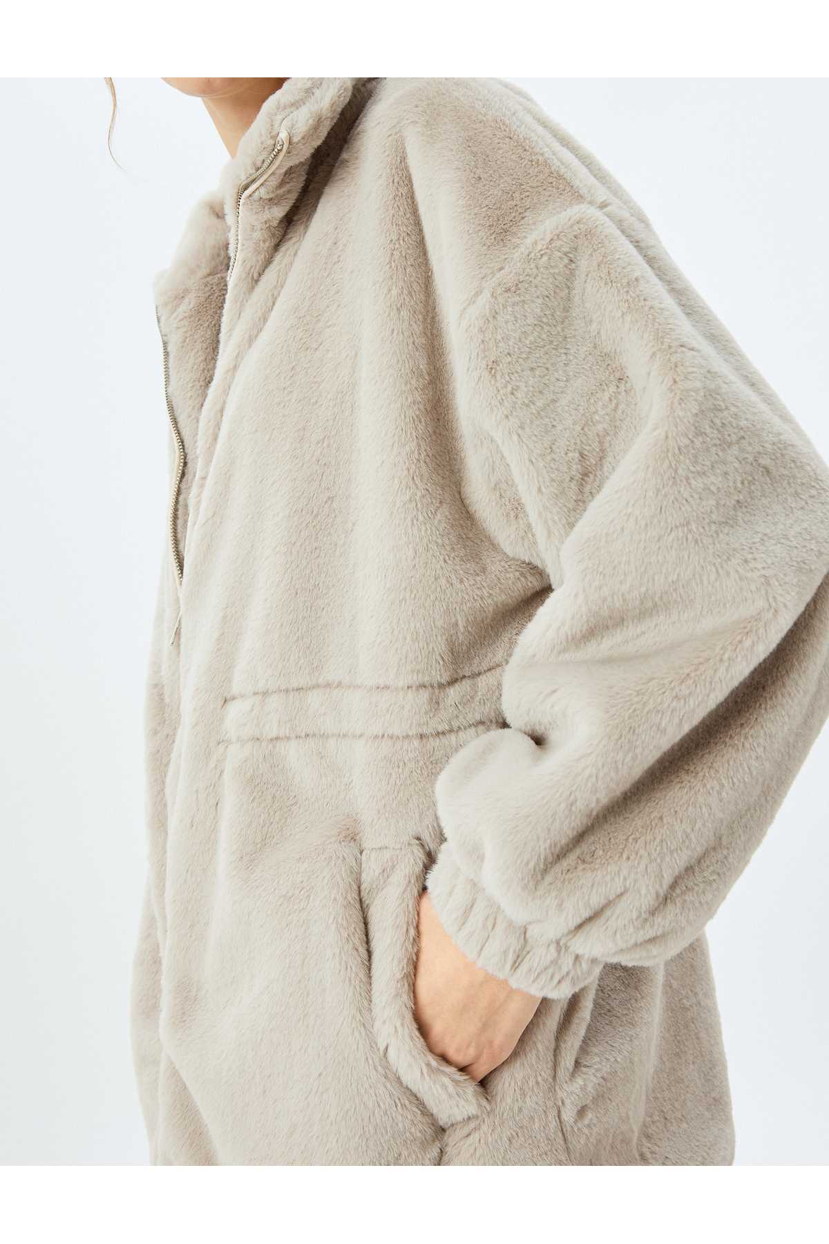 ژاکت بلند با زیپ خز مصنوعی