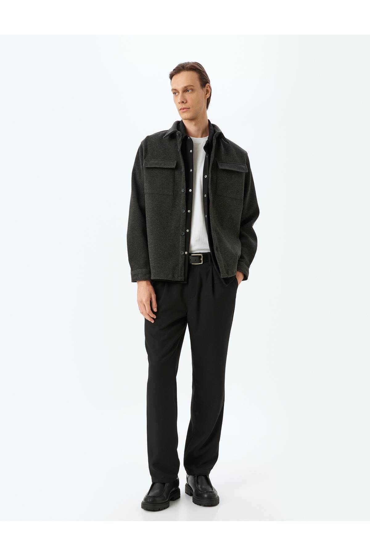 آستین بلند ویسکوز ترکیبی جیب کت پیراهن مفصل