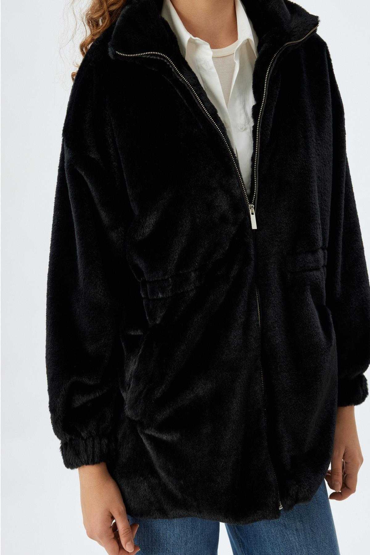 ژاکت بلند با زیپ خز مصنوعی