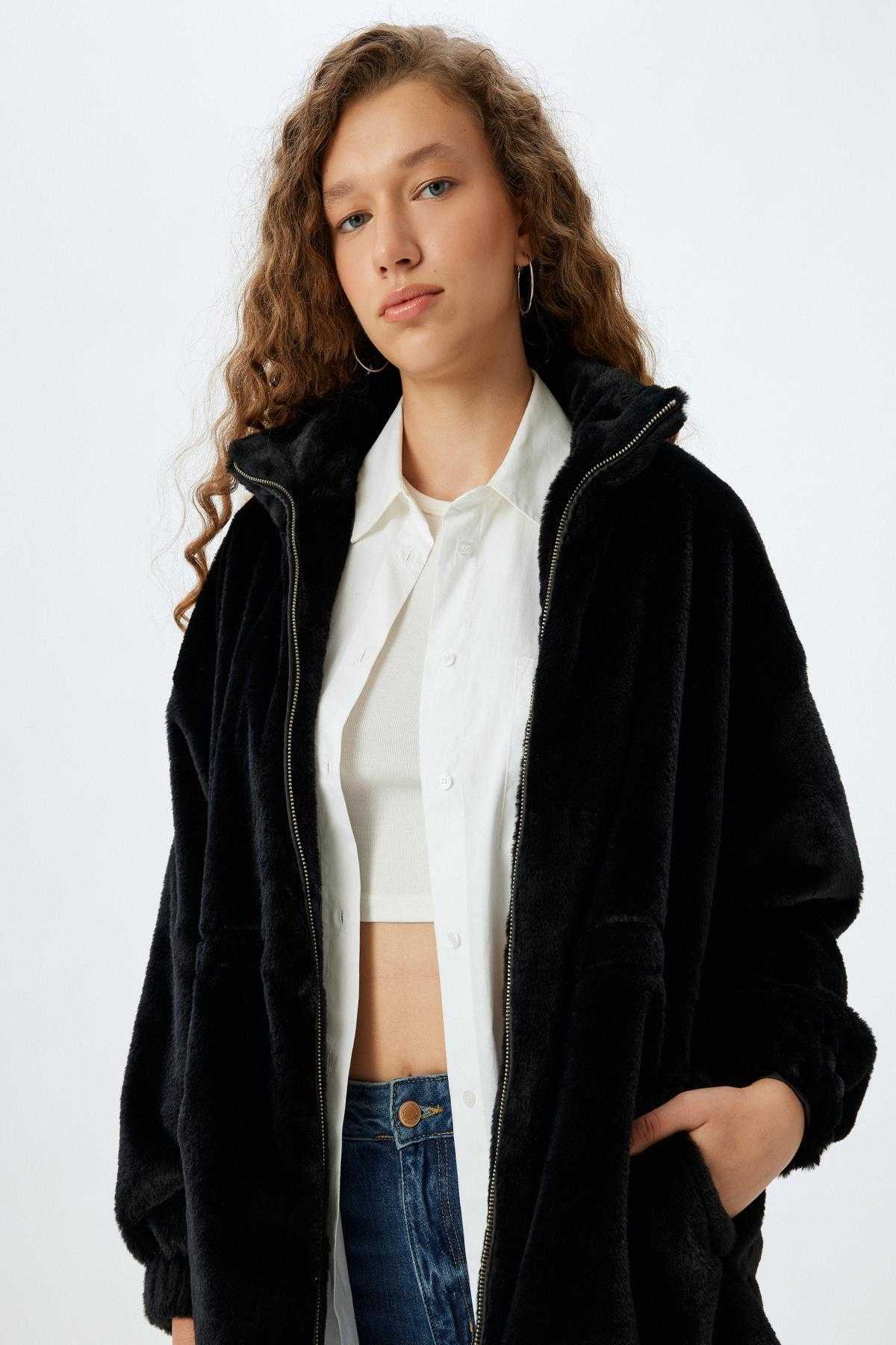 ژاکت بلند با زیپ خز مصنوعی