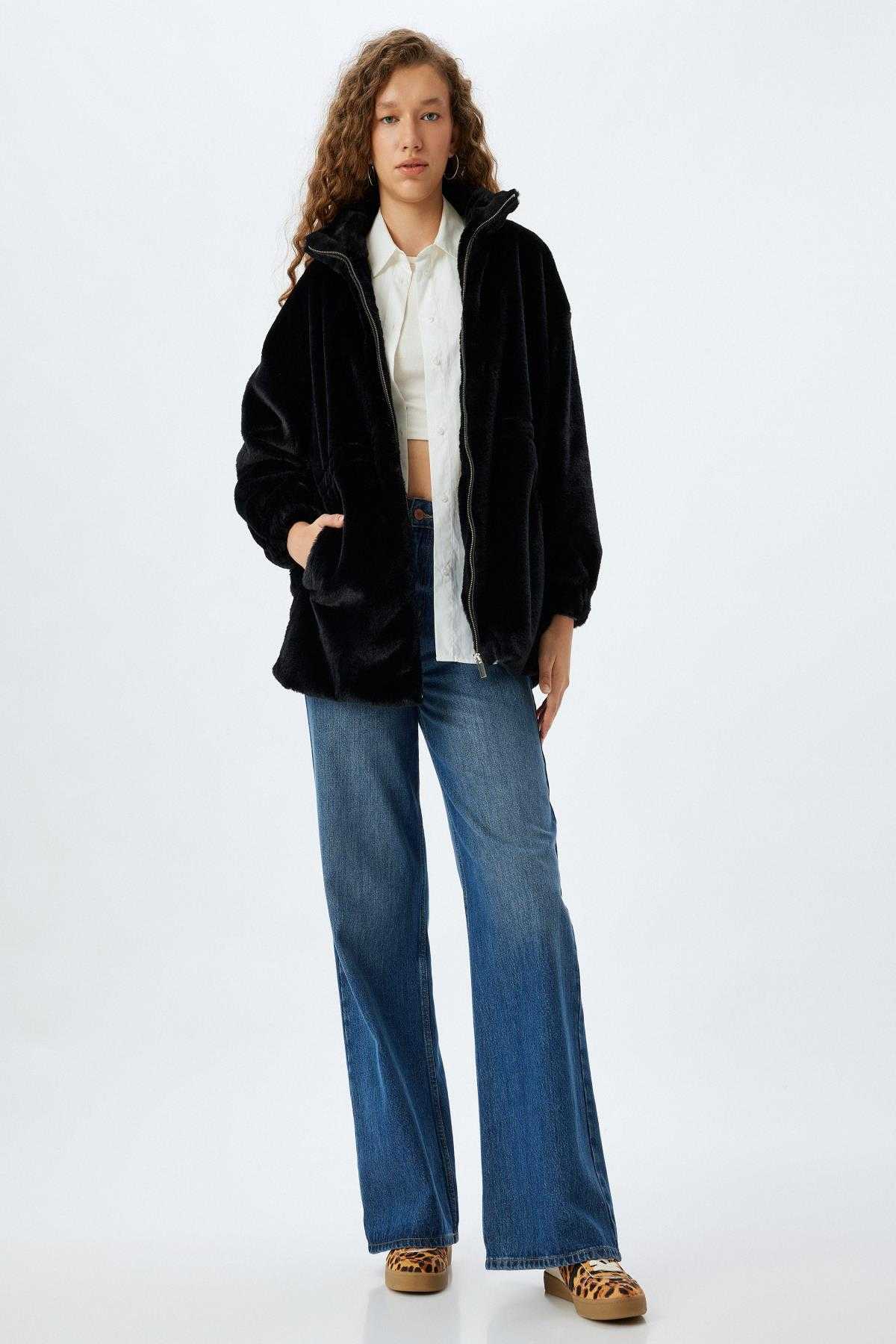 ژاکت بلند با زیپ خز مصنوعی