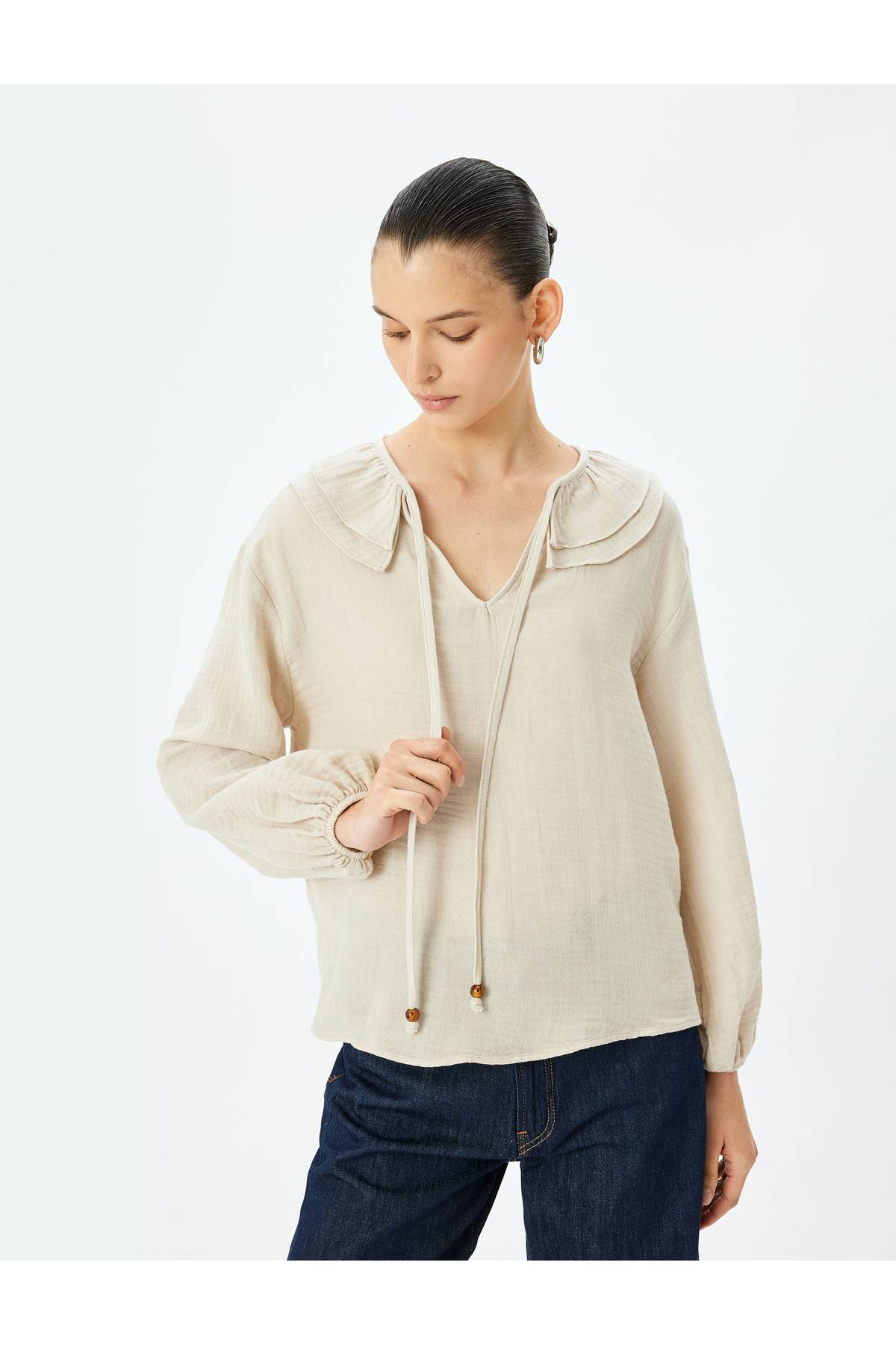 آستین بلند اتصال دهنده مفصل Bebe Yaka Muslin Blouse