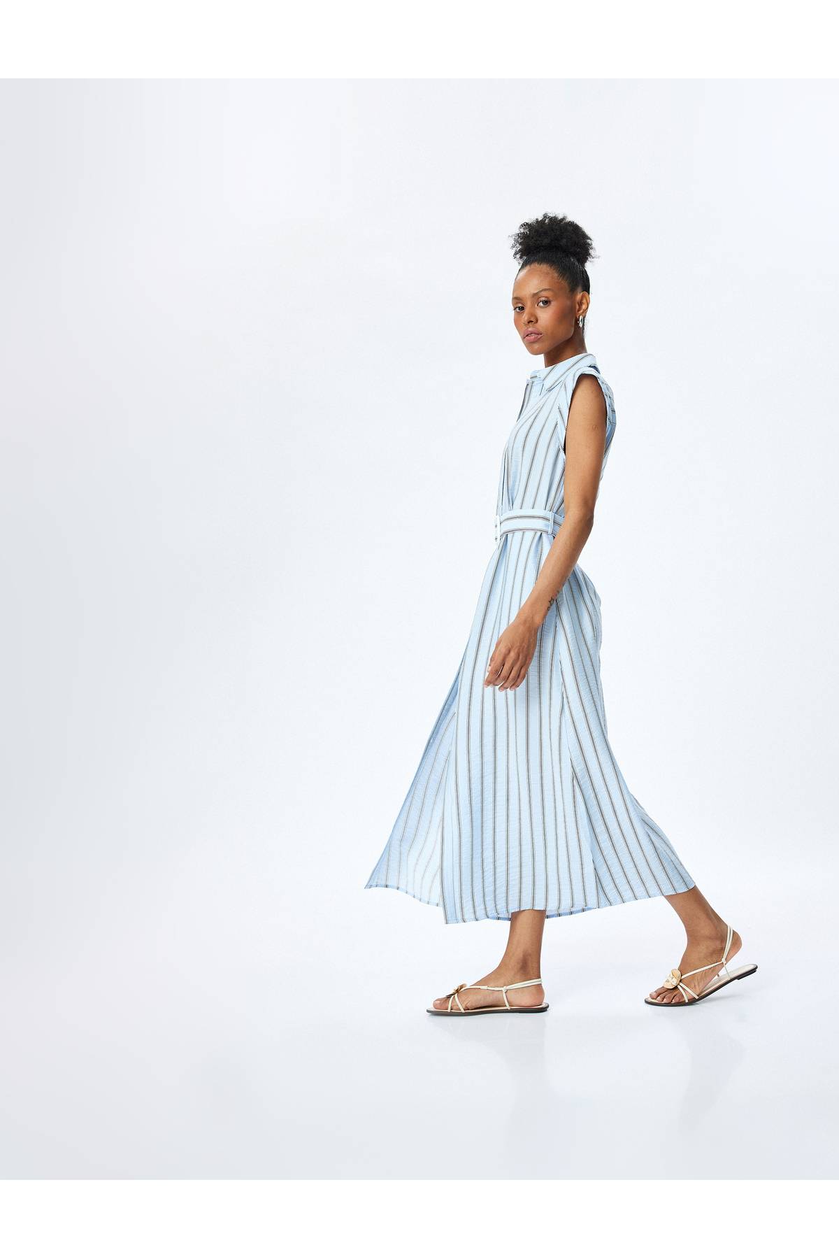 پیراهن راه راه بلند بی آستین با کمربند پارچه ای ویسکوز