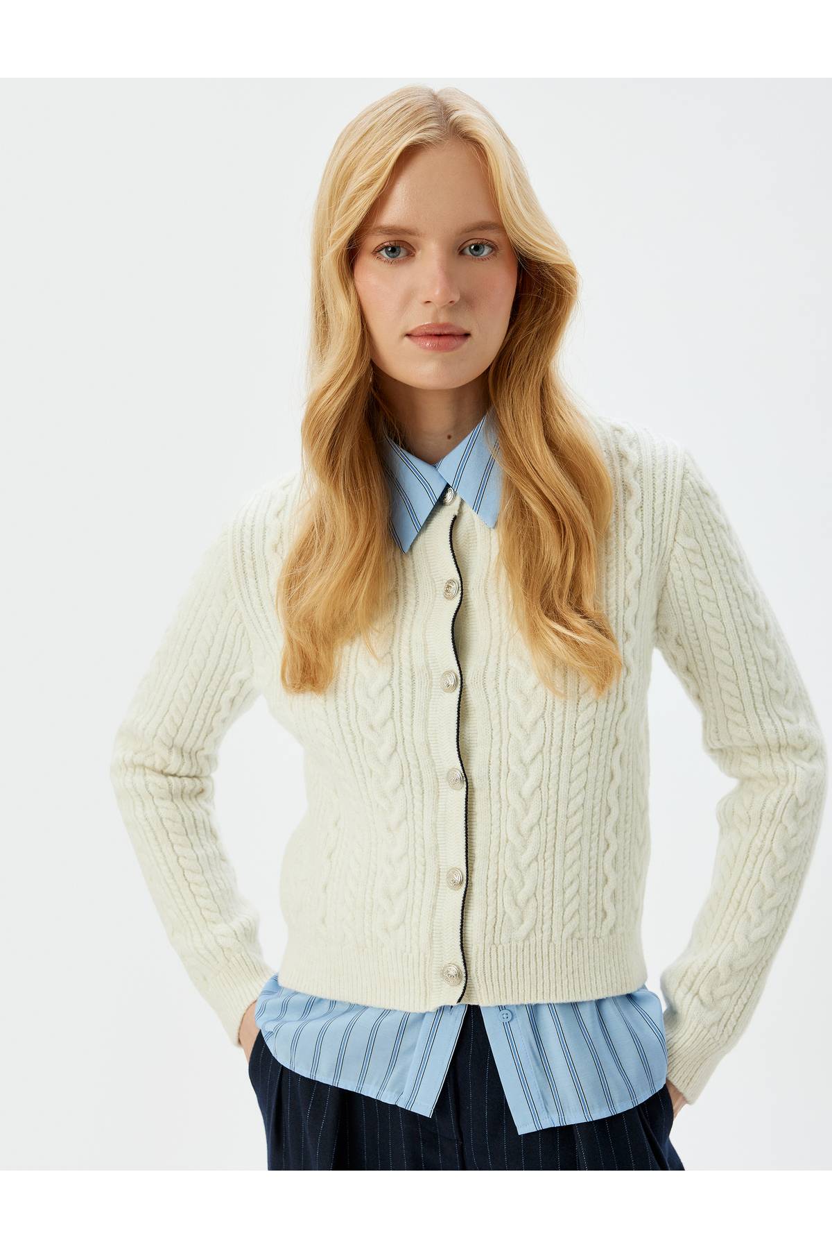 X Sima Tarkan - دکمه یقه دار گرد یقه بلند آستین بلند لباس مجلسی