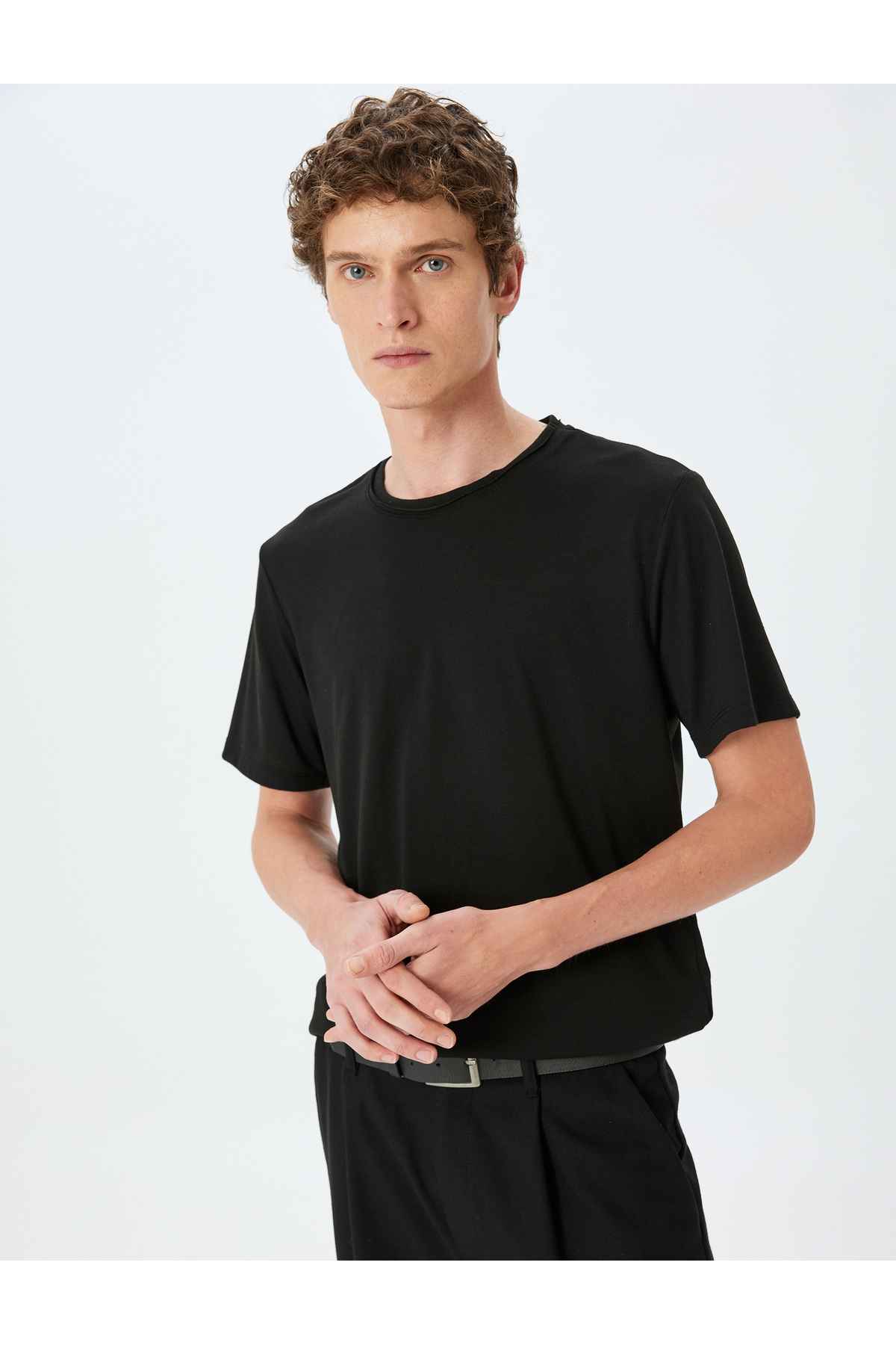 یقه دوچرخه آستین کوتاه ویسکوز مخلوط پایه باریک تناسب T -shirt