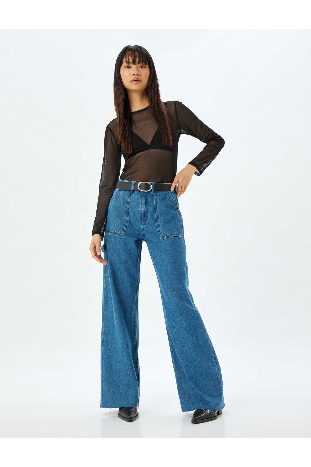 شلوار بزرگ موبایل موبایل با جزئیات کمر معمولی پنبه پنبه - شلوار جین پاها