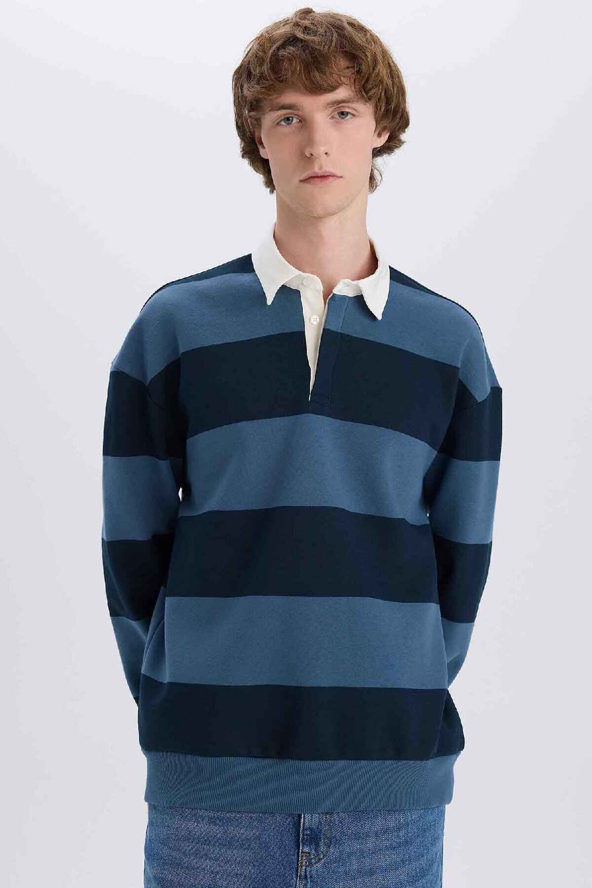 سویشرت راه راه یقه پولو باکسی فیت