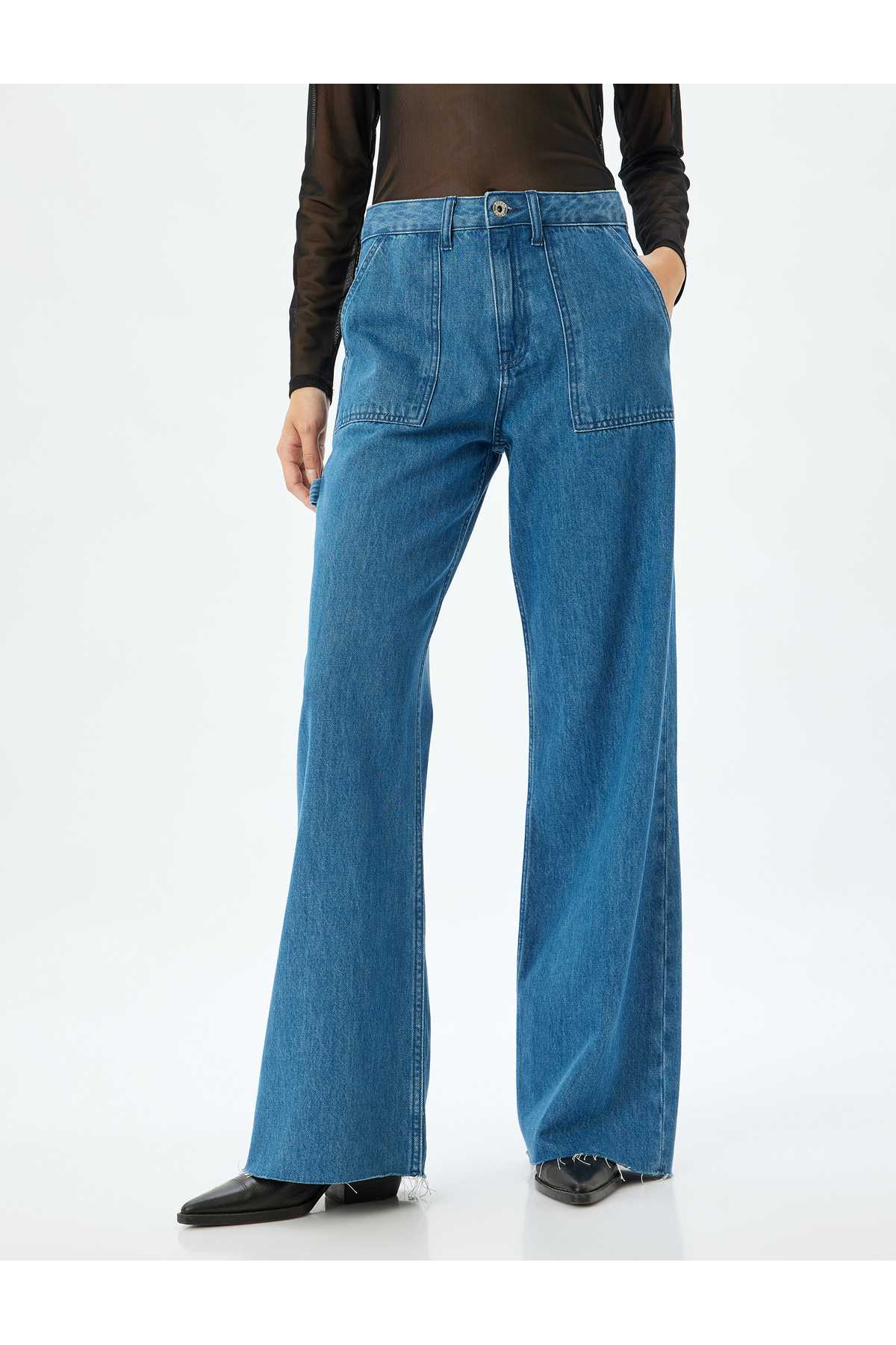 شلوار بزرگ موبایل موبایل با جزئیات کمر معمولی پنبه پنبه - شلوار جین پاها