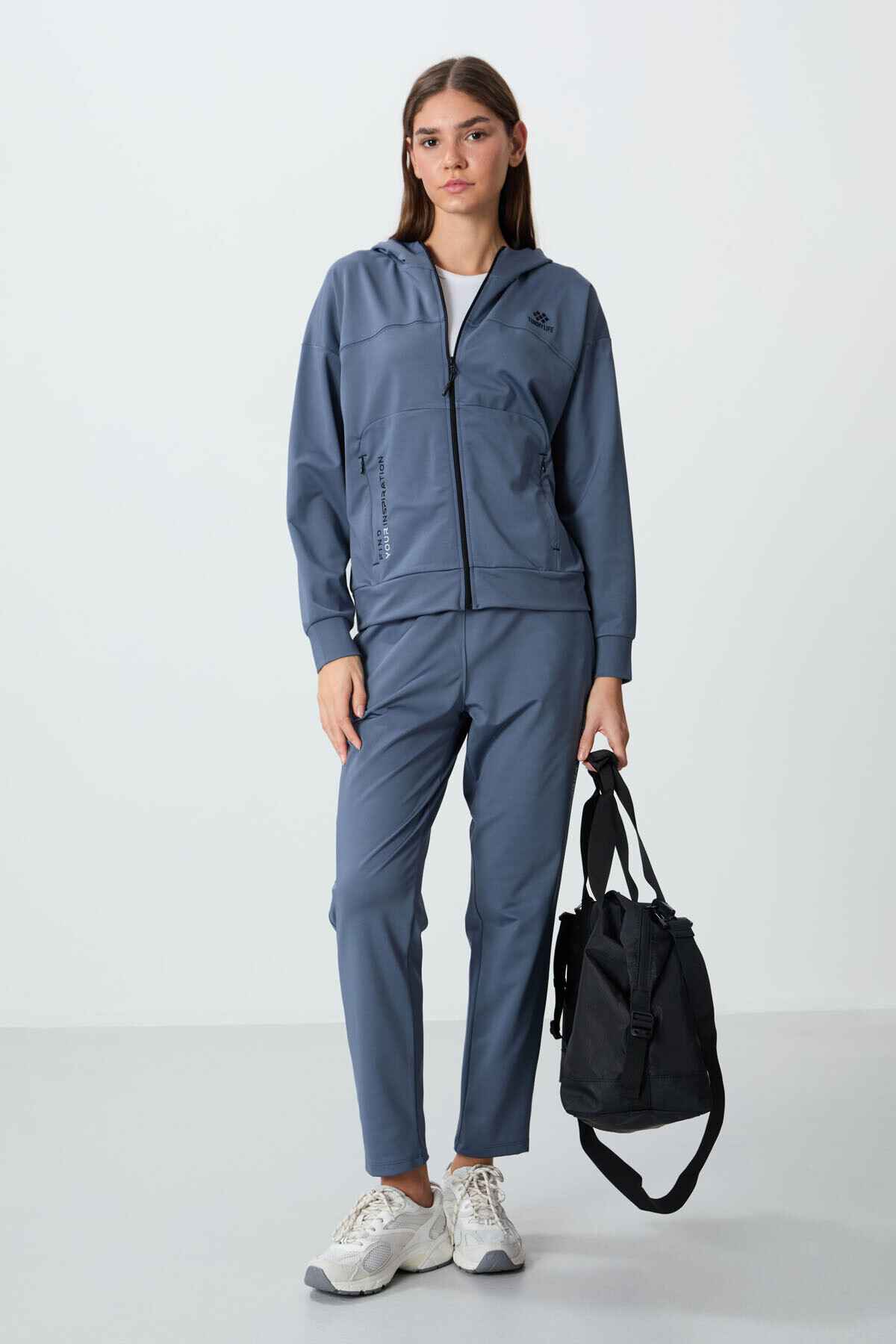 ست لباس ورزشی پارچه ای غواصی زنانه کلاهدار چاغلا با جزئیات جیب مخفی - 95306