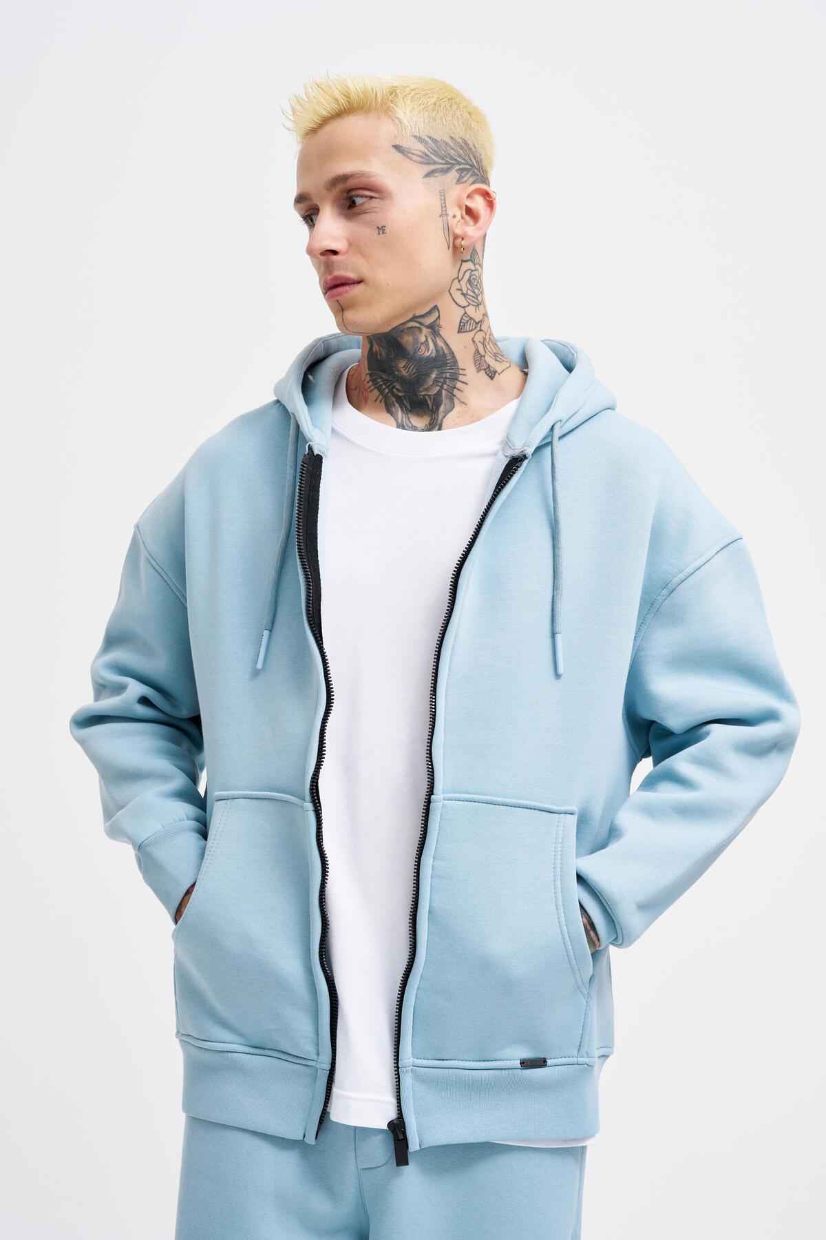 سویشرت ساده زیپ دار جیب دار یاسی یخی