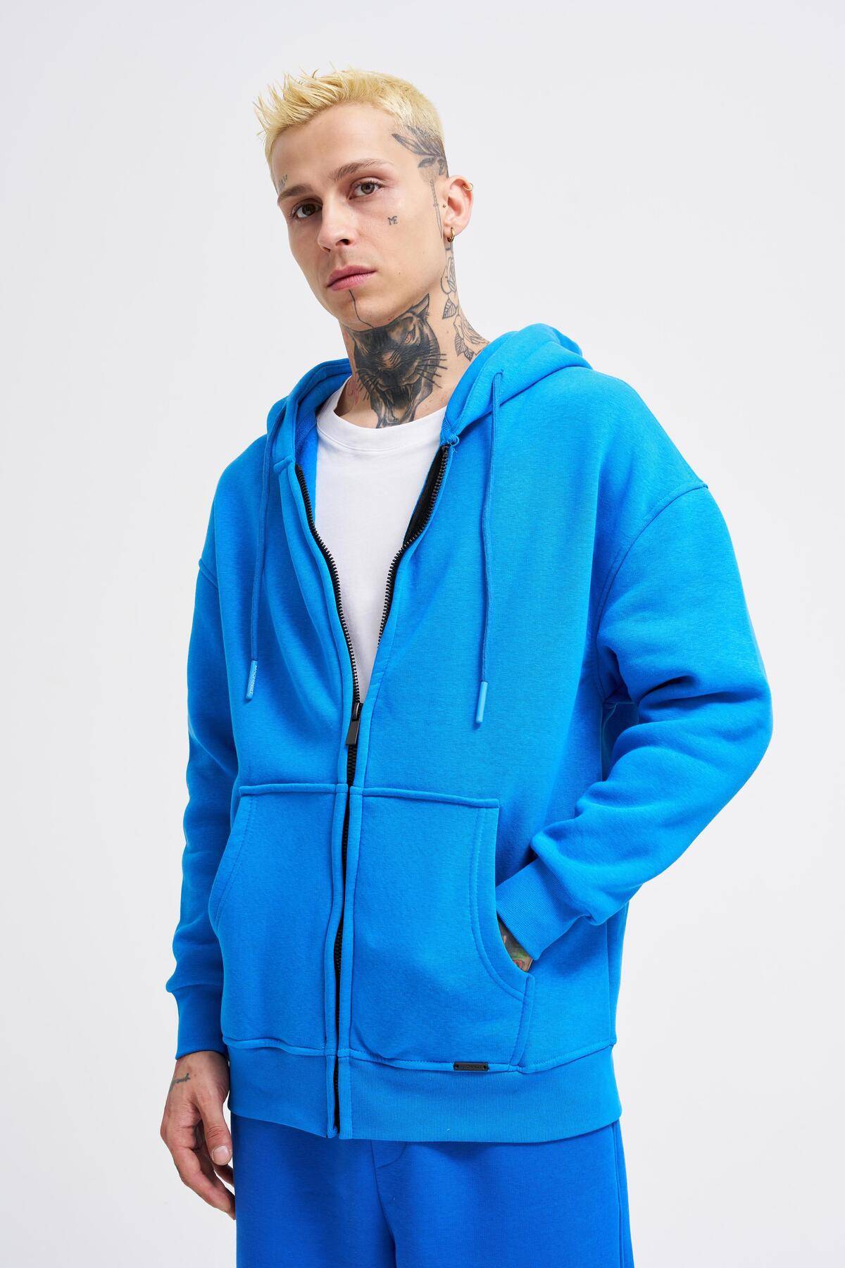 سویشرت ساده زیپ دار جیب دار یاسی یخی