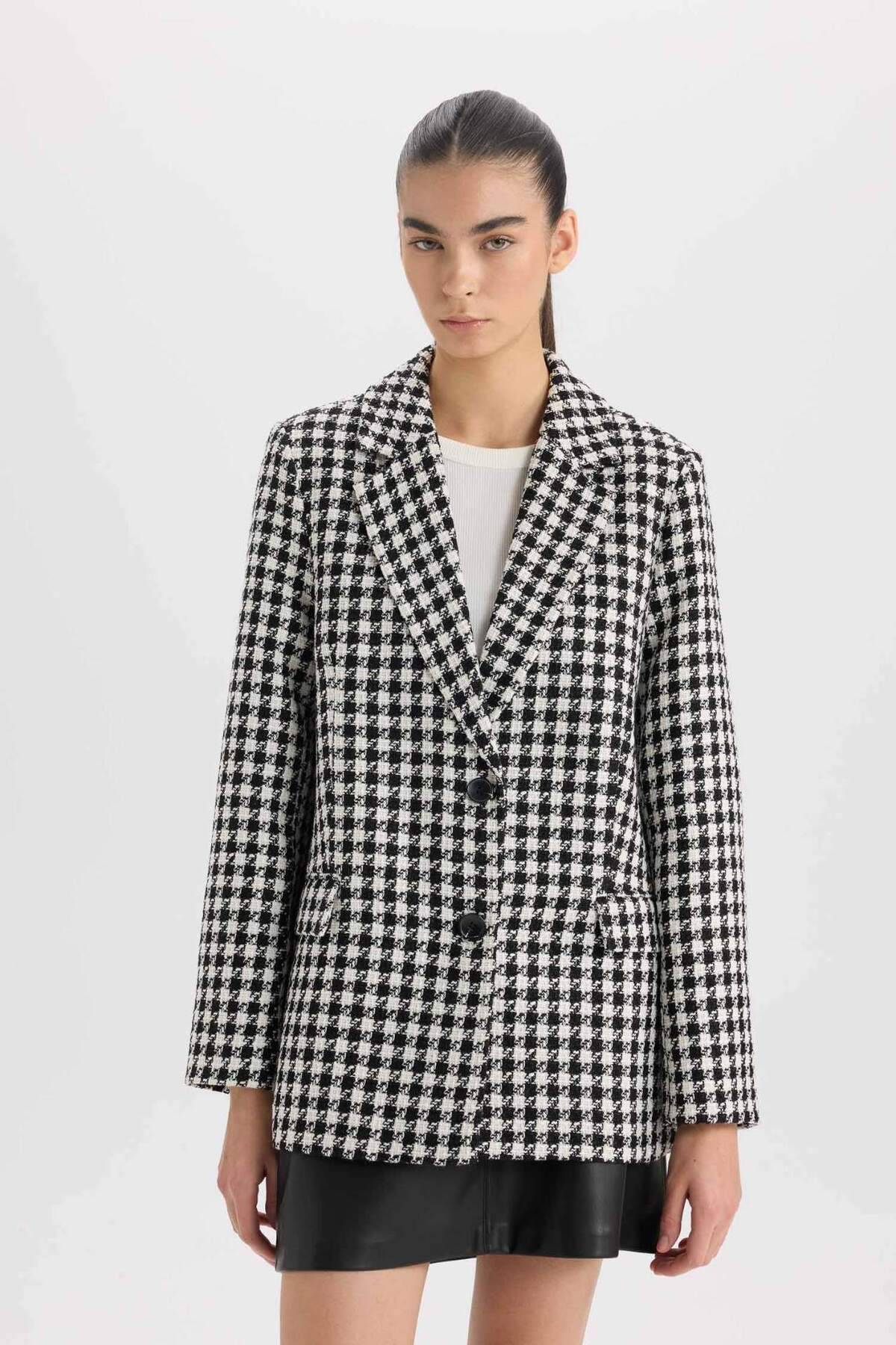 ژاکت قالب گسترده ای بیش از حد دکمه Yaka Tweed Tweed Gaote