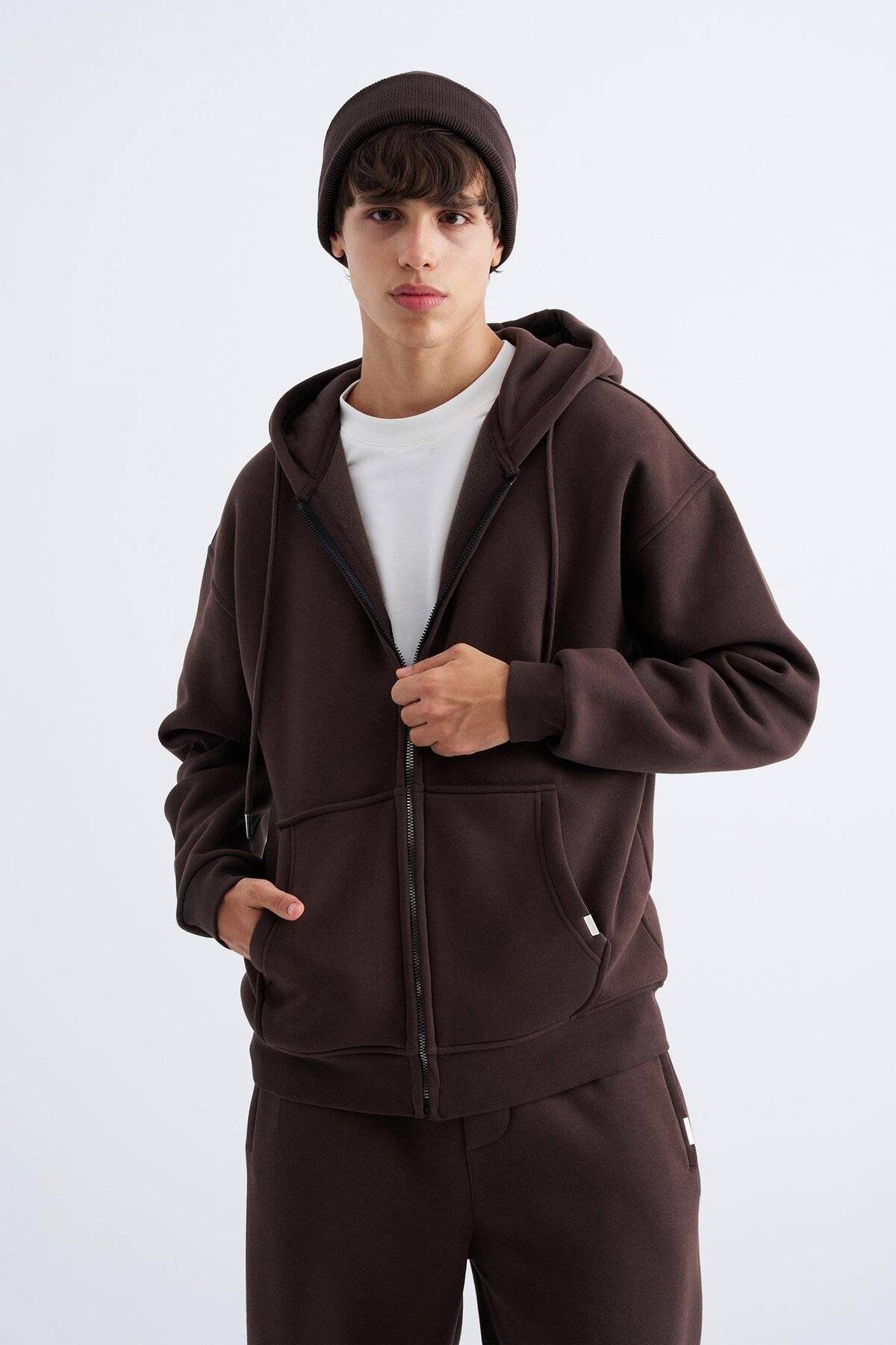 سویشرت ساده زیپ دار جیب دار یاسی یخی