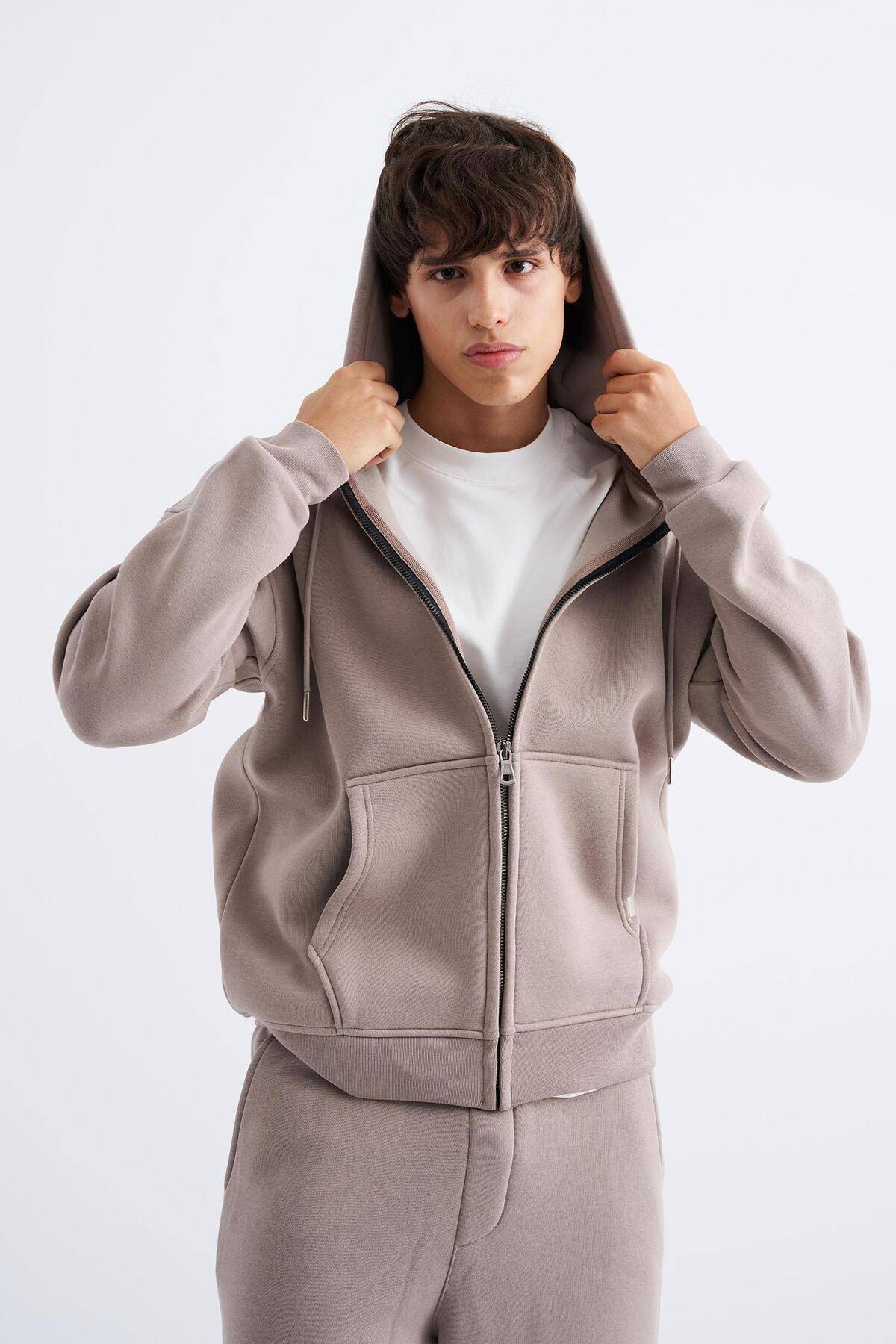 سویشرت ساده زیپ دار جیب دار یاسی یخی