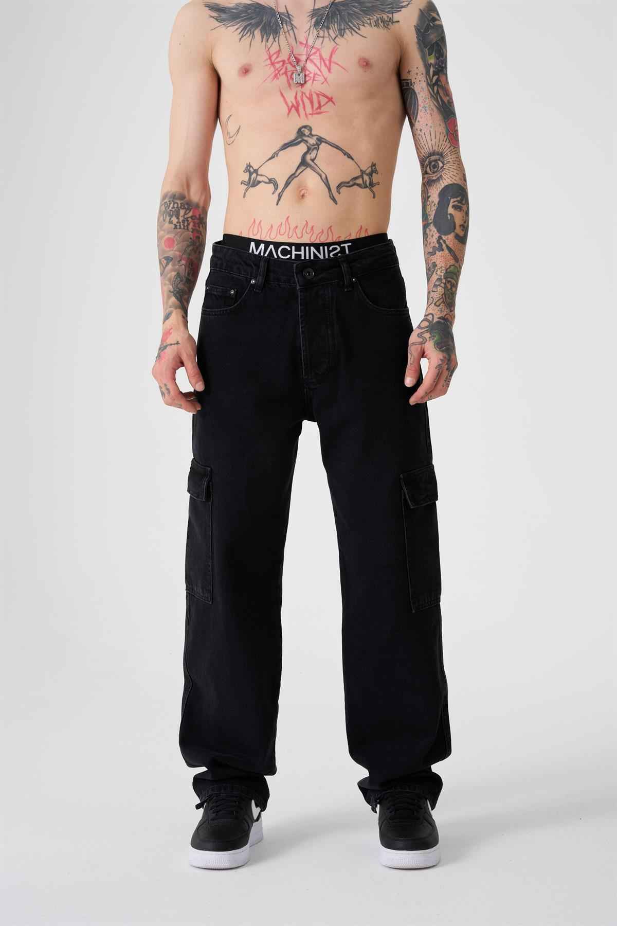 شلوار جین گشاد با جیبی باری آبی دریایی