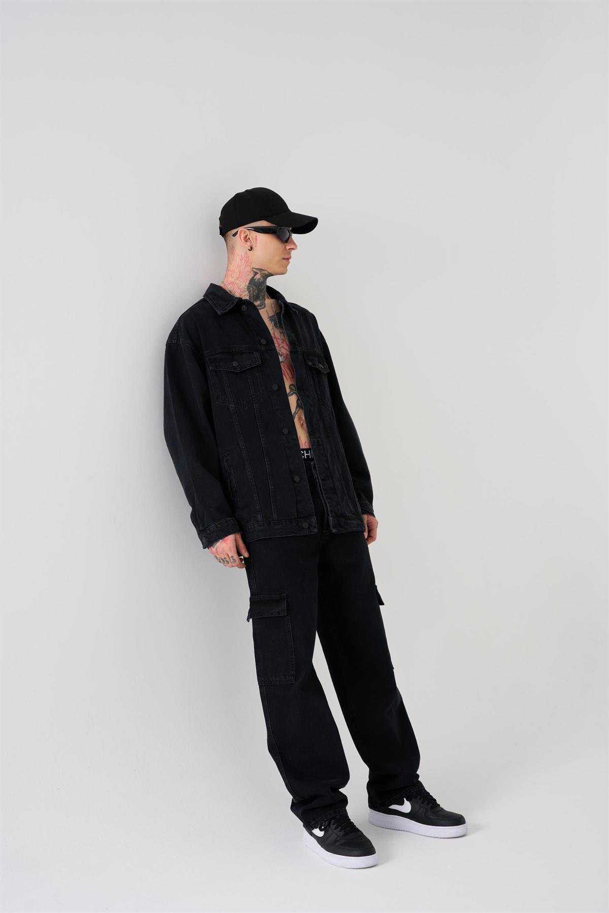 شلوار جین گشاد با جیبی باری آبی دریایی